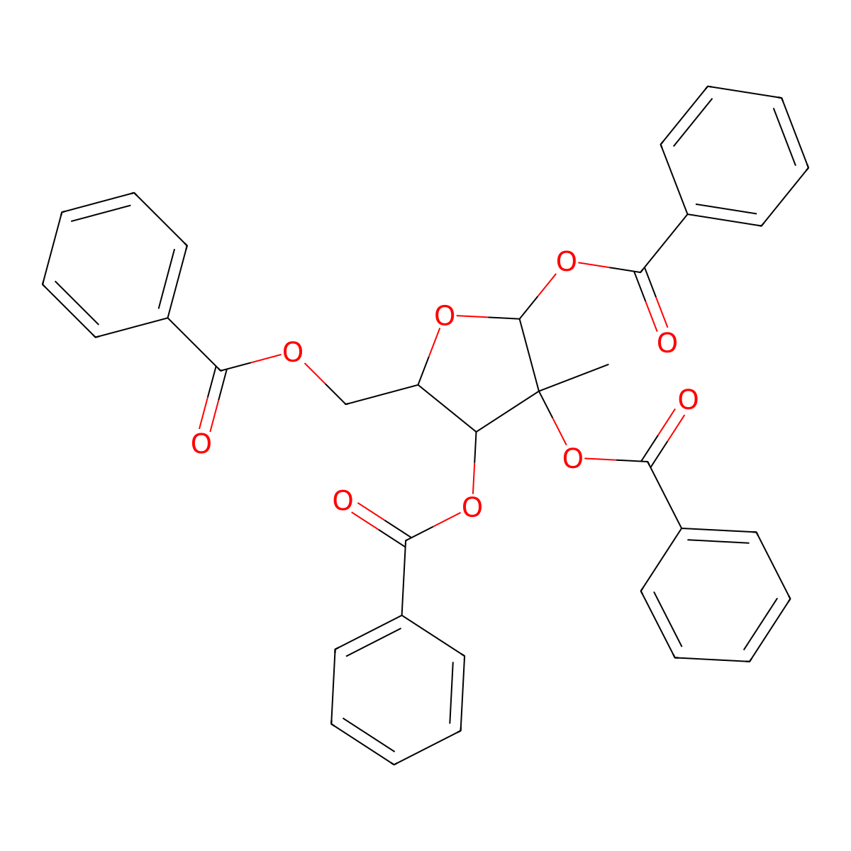 1,2,3,5-Tetra-O-benzoyl-2-C-methyl-beta-D-ribofuranose molecular structure, CAS 15397-15-6