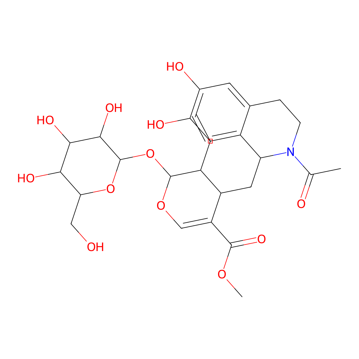 Methyl (2S,3R,4S)-4-(((1R)-2-acetyl-1,2,3,4-tetrahydro-6,7-dihydroxy-1-isoquinolinyl)methyl)-3-ethenyl-2-(beta-D-glucopyranosyloxy)-3,4-dihydro-2H-pyran-5-carboxylate molecular structure, CAS 15401-60-2