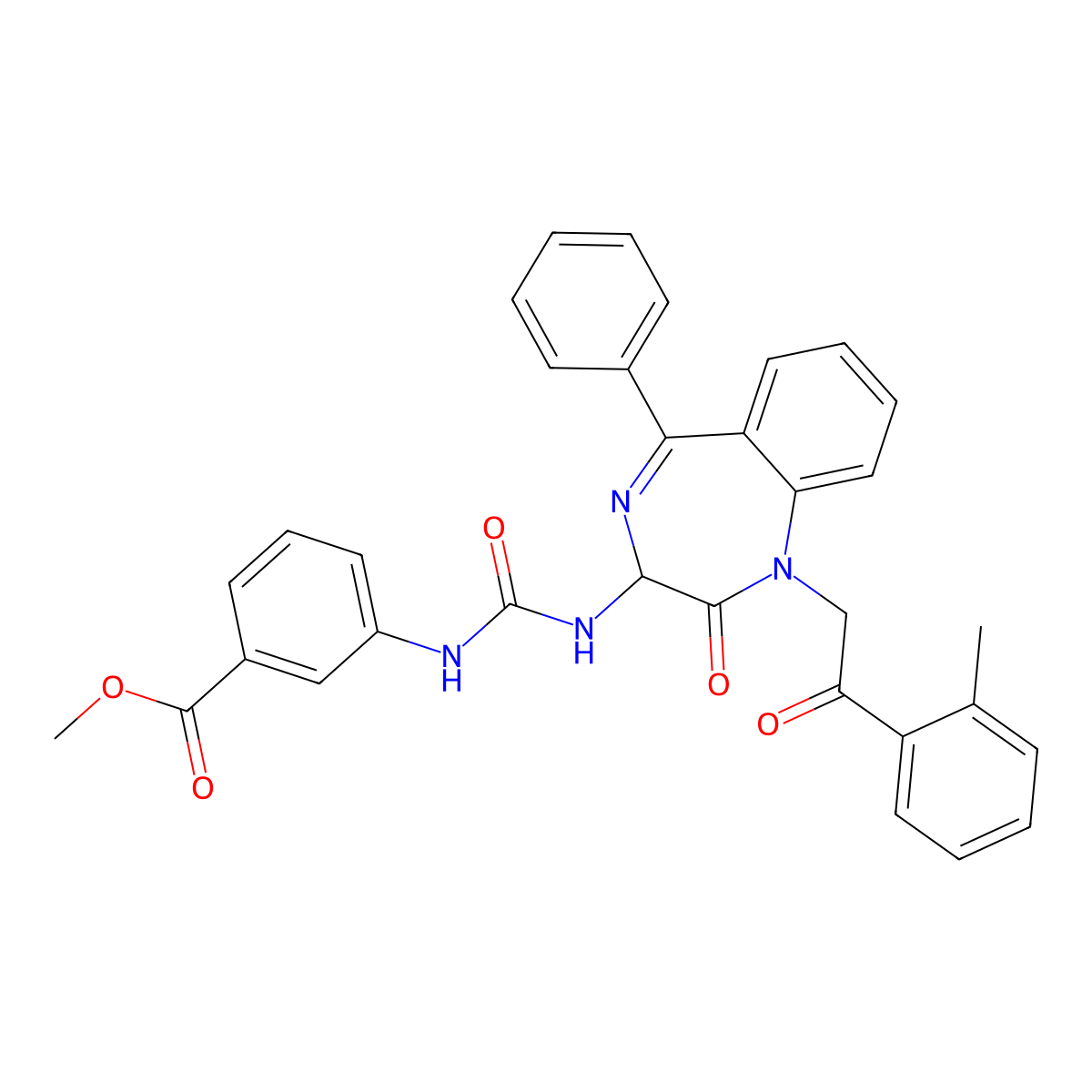 methyl 5-((N-(2,5-diaza-2-(2-(2-methylphenyl)-2-oxoethyl)-3-oxo-6-phenylbicyclo[5.4.0]undeca-1(7),5,8,10-tetraen-4-yl)carbamoyl)amino)benzoate molecular structure, CAS 154063-69-1