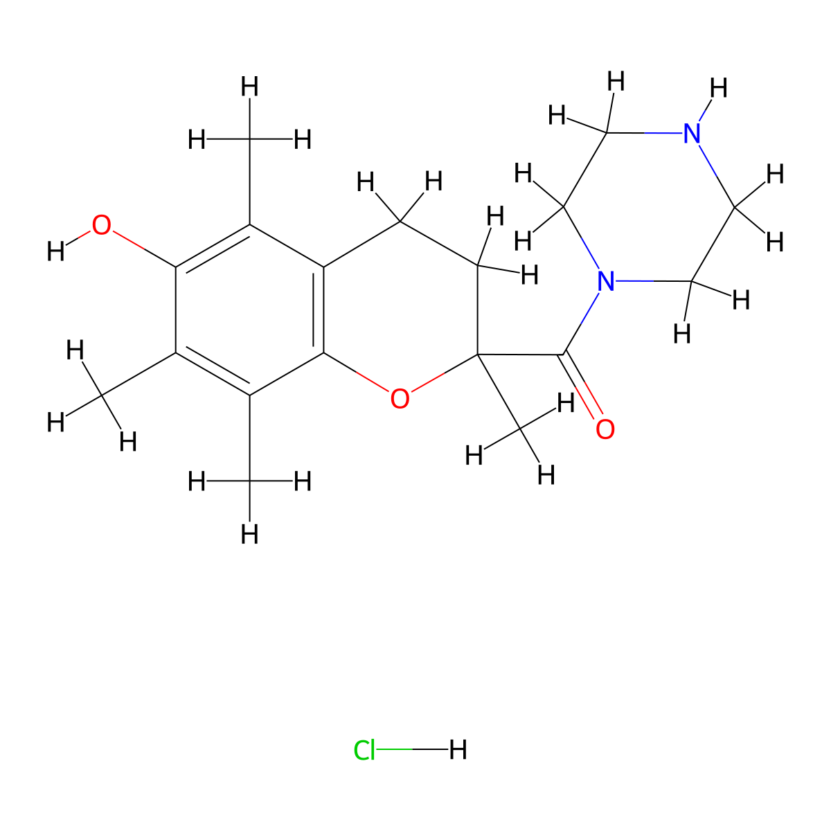 2,5,7,8-tetramethyl-2-(piperazine-1-carbonyl)-3,4-dihydro-2H-1-benzopyran-6-ol hydrochloride molecular structure, CAS 1541170-25-5