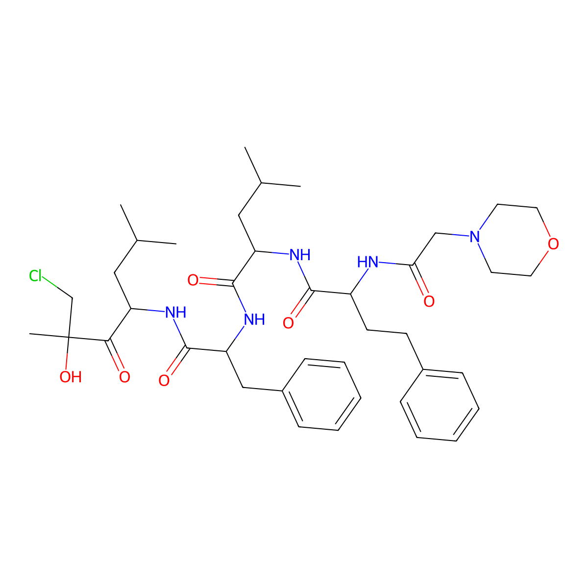 (2S)-N-[(2S)-1-[[(4S)-1-chloro-2-hydroxy-2,6-dimethyl-3-oxoheptan-4-yl]amino]-1-oxo-3-phenylpropan-2-yl]-4-methyl-2-[[(2S)-2-[(2-morpholin-4-ylacetyl)amino]-4-phenylbutanoyl]amino]pentanamide molecular structure, CAS 1541171-67-8