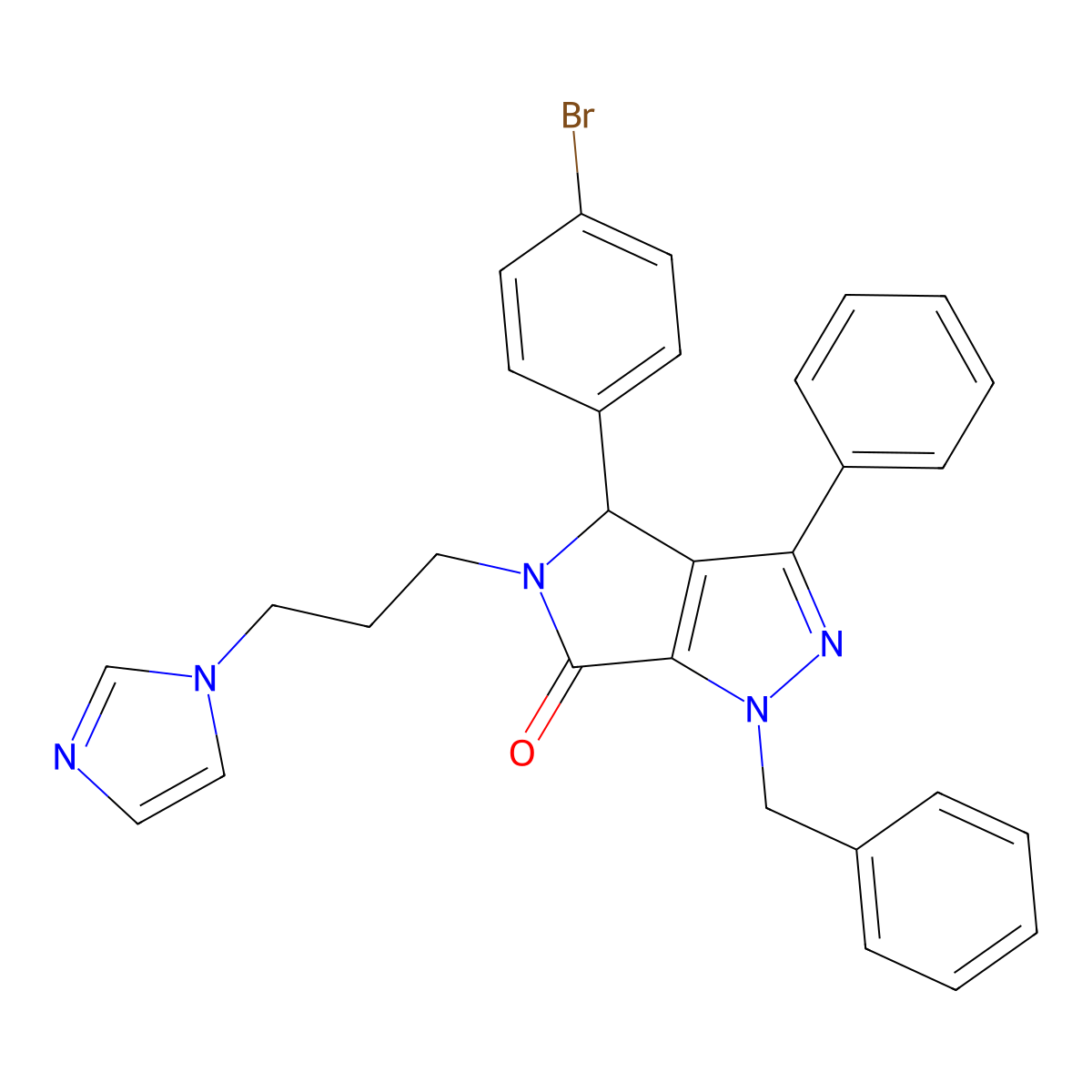 1-Benzyl-4-(4-bromophenyl)-5-(3-imidazol-1-ylpropyl)-3-phenyl-4H-pyrrolo[3,4-c]pyrazol-6-one molecular structure, CAS 1542066-69-2