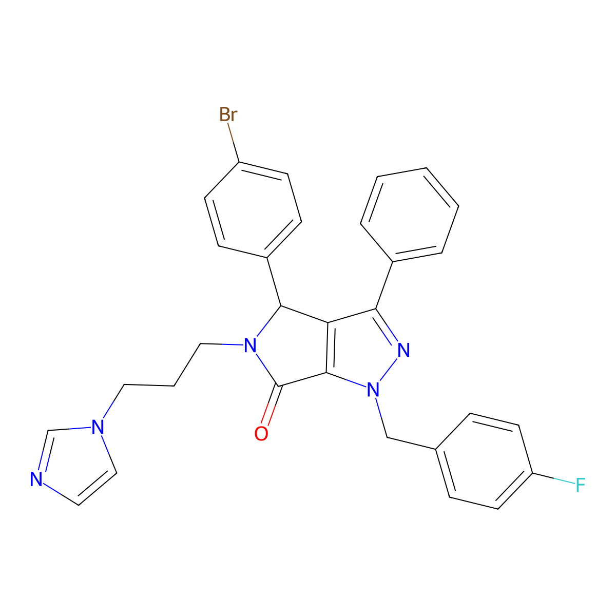 5-(3-(1H-imidazol-1-yl)propyl)-4-(4-bromophenyl)-1-(4-fluorobenzyl)-3-phenyl-4,5-dihydropyrrolo(3,4-c)pyrazol-6(1H)-one molecular structure, CAS 1542066-74-9