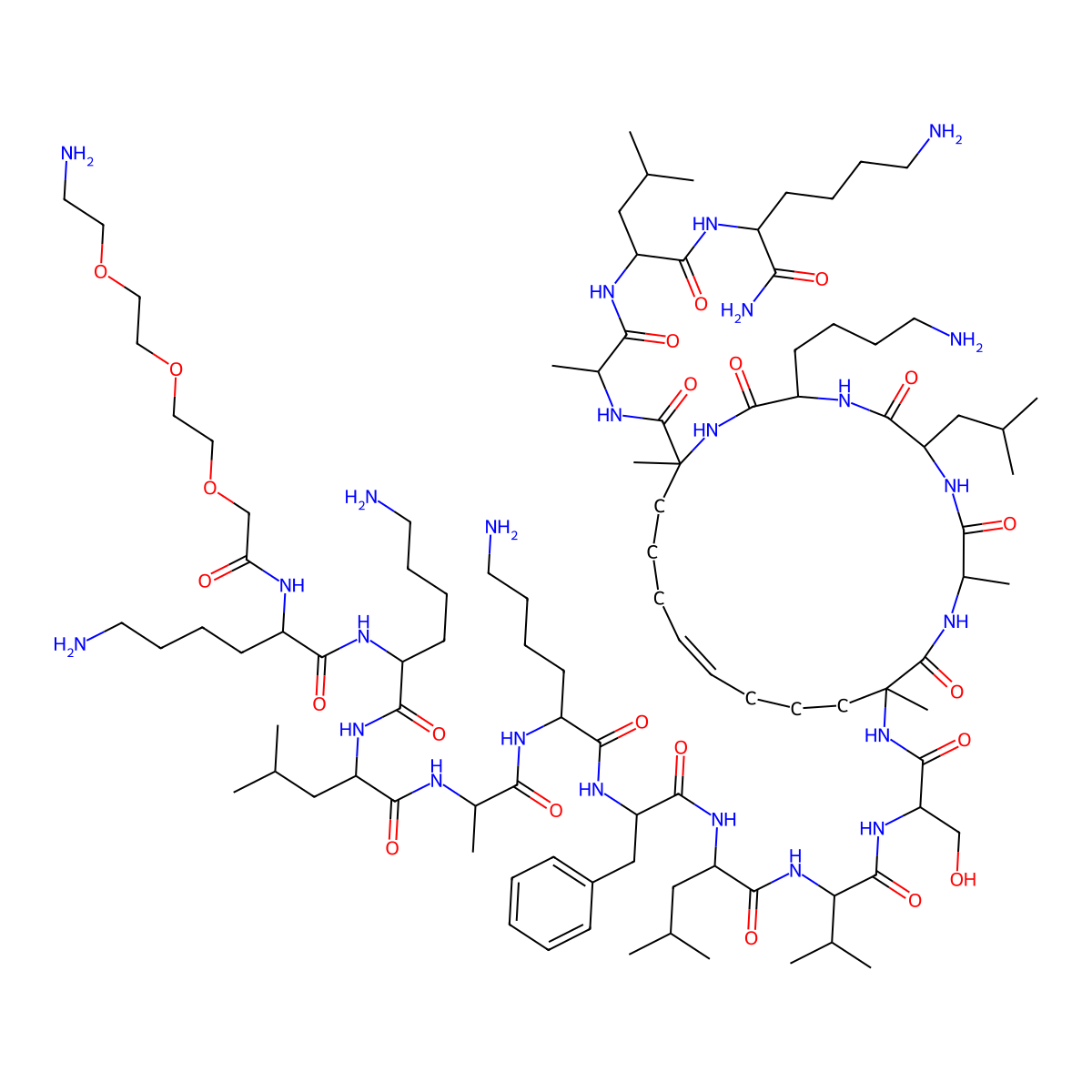 (2S,5S,8S,11S,20S)-20-[[(2S)-2-[[(2S)-2-[[(2S)-2-[[(2S)-2-[[(2S)-6-amino-2-[[(2S)-2-[[(2S)-2-[[(2S)-6-amino-2-[[(2S)-6-amino-2-[[2-[2-[2-(2-aminoethoxy)ethoxy]ethoxy]acetyl]amino]hexanoyl]amino]hexanoyl]amino]-4-methylpentanoyl]amino]propanoyl]amino]hexanoyl]amino]-3-phenylpropanoyl]amino]-4-methylpentanoyl]amino]-3-methylbutanoyl]amino]-3-hydroxypropanoyl]amino]-8-(4-aminobutyl)-N-[(2S)-1-[[(2S)-1-[[(2S)-1,6-diamino-1-oxohexan-2-yl]amino]-4-methyl-1-oxopentan-2-yl]amino]-1-oxopropan-2-yl]-2,11,20-trimethyl-5-(2-methylpropyl)-3,6,9,21-tetraoxo-1,4,7,10-tetrazacyclohenicos-15-ene-11-carboxamide molecular structure, CAS 1542100-77-5