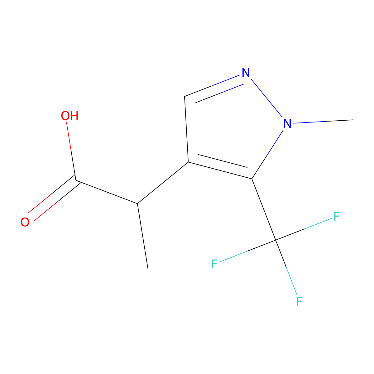 2-[1-Methyl-5-(trifluoromethyl)pyrazol-4-yl]propanoic acid molecular structure, CAS 1542128-92-6