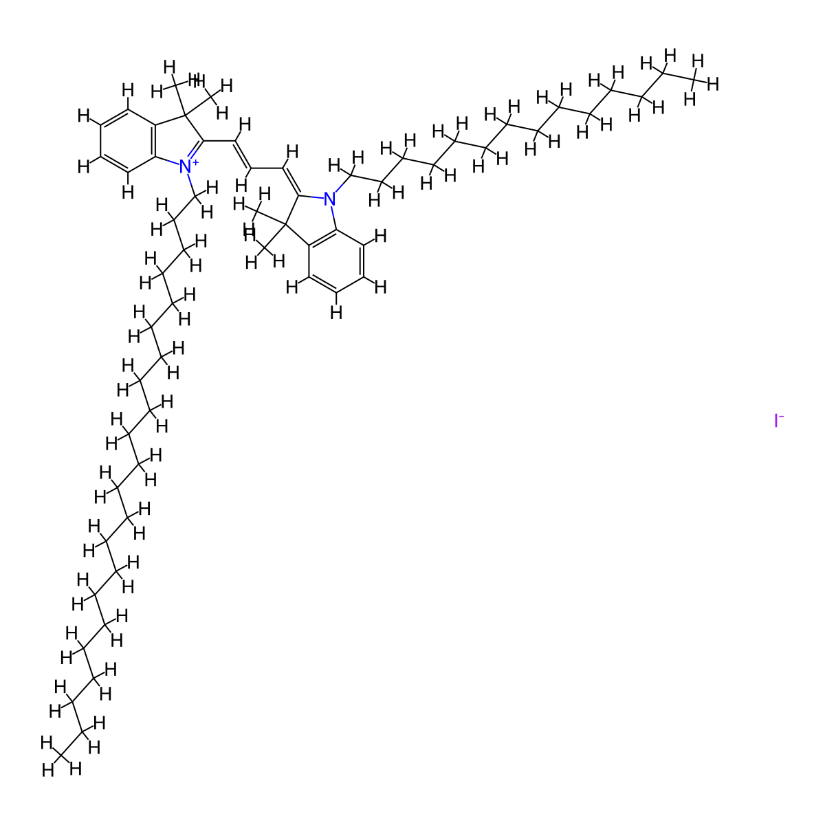 2-[(E,3E)-3-(3,3-dimethyl-1-tetradecylindol-2-ylidene)prop-1-enyl]-1-docosyl-3,3-dimethylindol-1-ium iodide molecular structure, CAS 154214-55-8