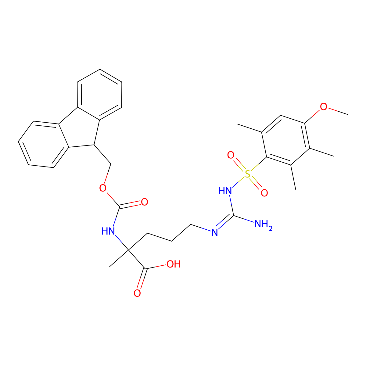 (2S)-2-(9H-fluoren-9-ylmethoxycarbonylamino)-5-[[N-(4-methoxy-2,3,6-trimethyl-phenyl)sulfonylcarbamimidoyl]amino]-2-methyl-pentanoic acid molecular structure, CAS 1542275-16-0