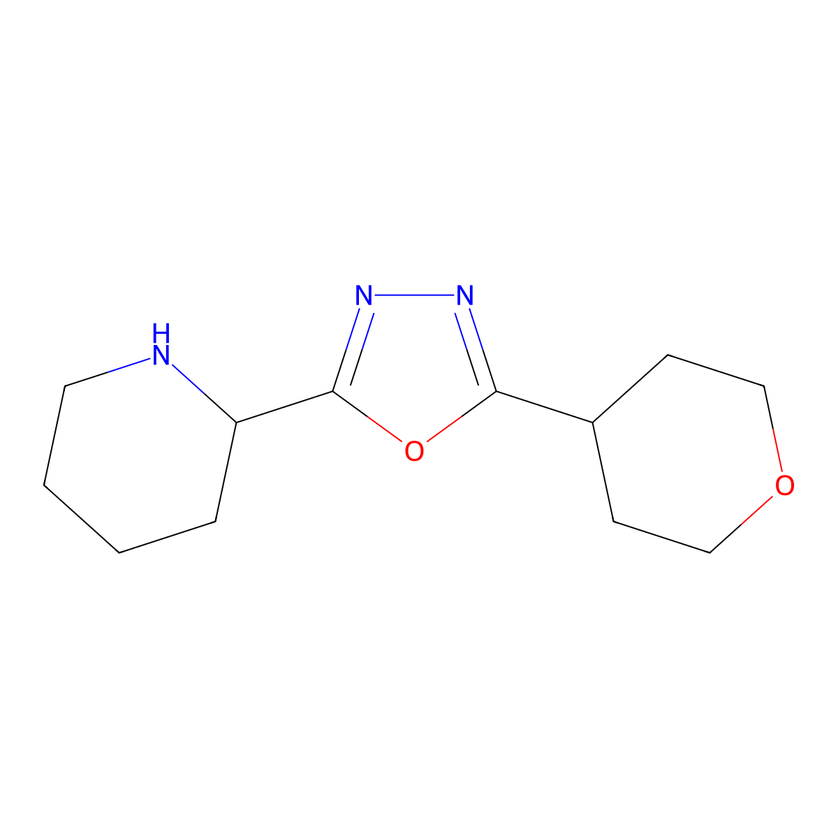 2-[5-(Oxan-4-yl)-1,3,4-oxadiazol-2-yl]piperidine molecular structure, CAS 1542441-42-8