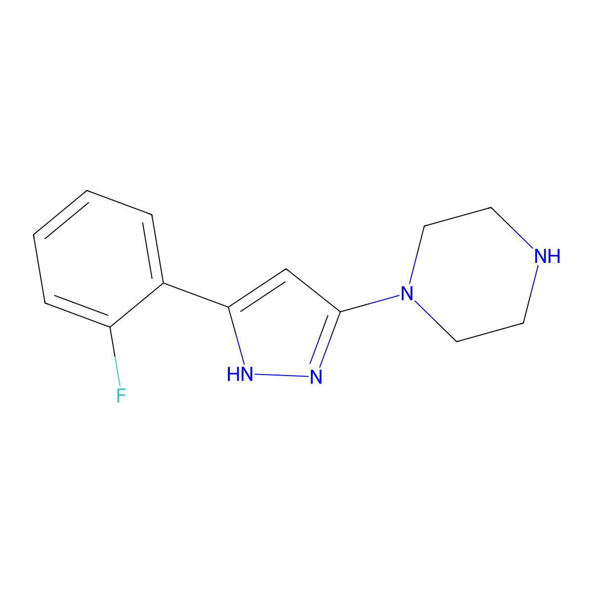 1-[3-(2-fluorophenyl)-1H-pyrazol-5-yl]piperazine molecular structure, CAS 1542693-16-2