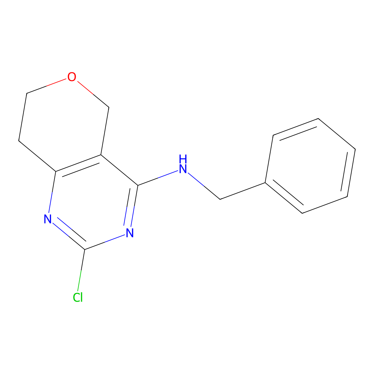 N-benzyl-2-chloro-7,8-dihydro-5H-pyrano[4,3-d]pyrimidin-4-amine molecular structure, CAS 1542711-55-6