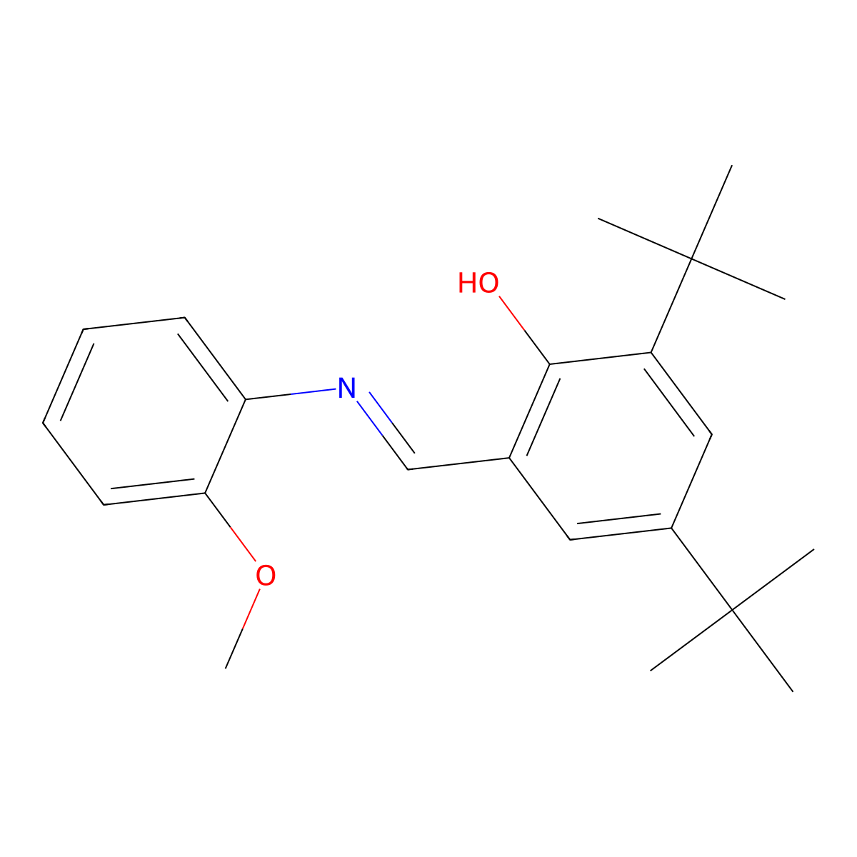 Phenol, 2,4-bis(1,1-dimethylethyl)-6-[[(2-methoxyphenyl)imino]methyl]- molecular structure, CAS 154289-77-7