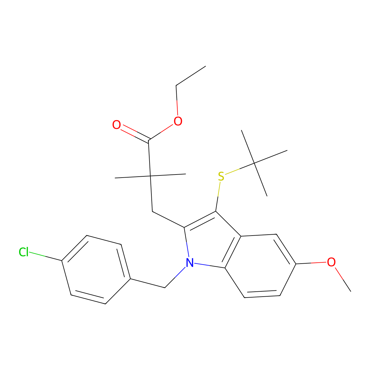 Ethyl 3-(3-(tert-butylthio)-1-(4-chlorobenzyl)-5-methoxy-1H-indol-2-yl)-2,2-dimethylpropanoate molecular structure, CAS 154325-76-5