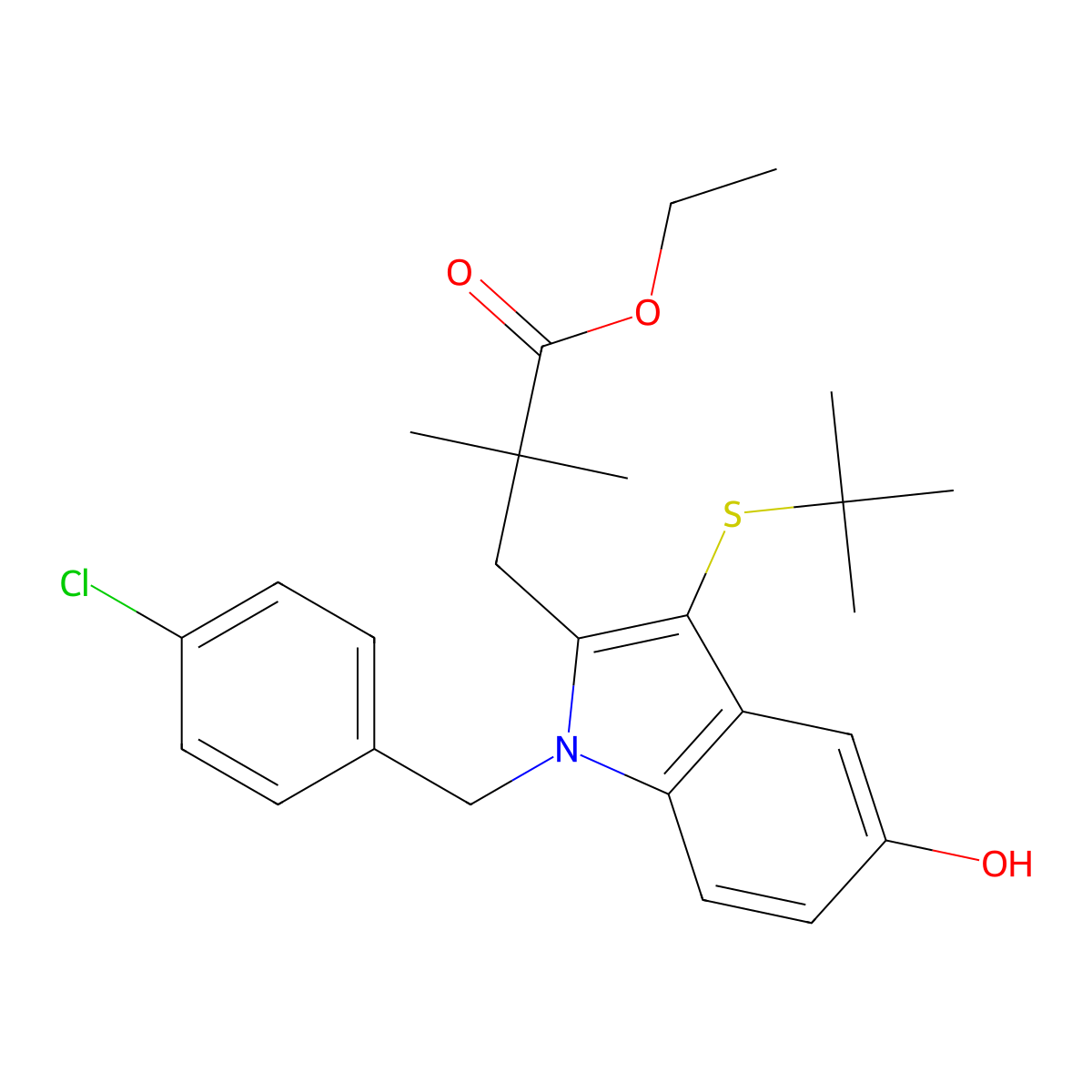 Ethyl 3-(3-(tert-butylthio)-1-(4-chlorobenzyl)-5-hydroxy-1H-indol-2-yl)-2,2-dimethylpropanoate molecular structure, CAS 154325-77-6