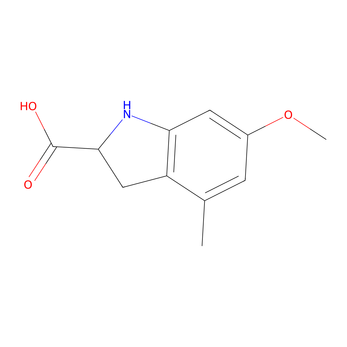 6-methoxy-4-methyl-2,3-dihydro-1H-indole-2-carboxylic acid molecular structure, CAS 1543285-65-9