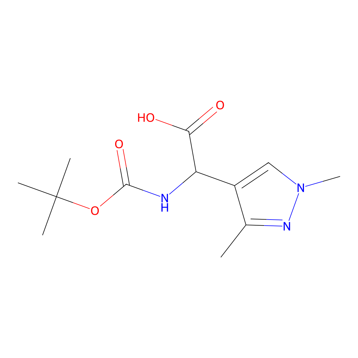 2-(((tert-butoxy)carbonyl)amino)-2-(1,3-dimethyl-1H-pyrazol-4-yl)acetic acid molecular structure, CAS 1543655-27-1
