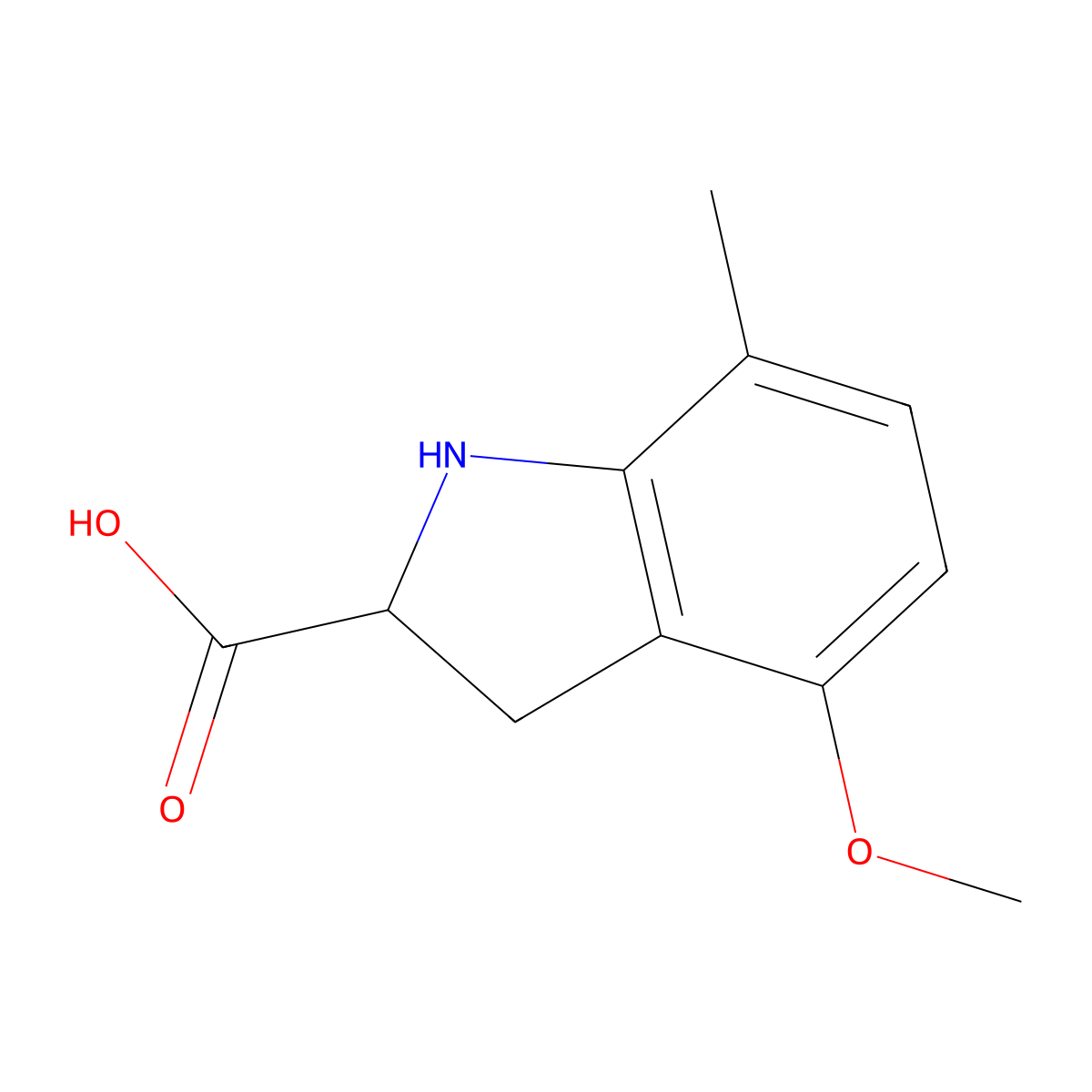 4-methoxy-7-methyl-2,3-dihydro-1H-indole-2-carboxylic acid molecular structure, CAS 1543800-78-7