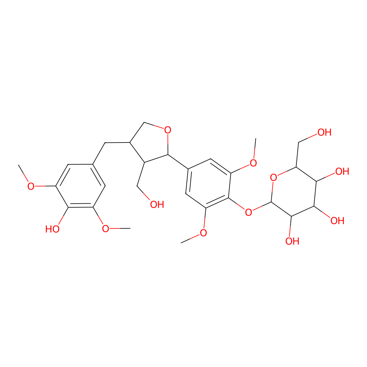 (2S,3R,4S,5S,6R)-2-[4-[4-[(4-hydroxy-3,5-dimethoxyphenyl)methyl]-3-(hydroxymethyl)oxolan-2-yl]-2,6-dimethoxyphenoxy]-6-(hydroxymethyl)oxane-3,4,5-triol molecular structure, CAS 154418-16-3