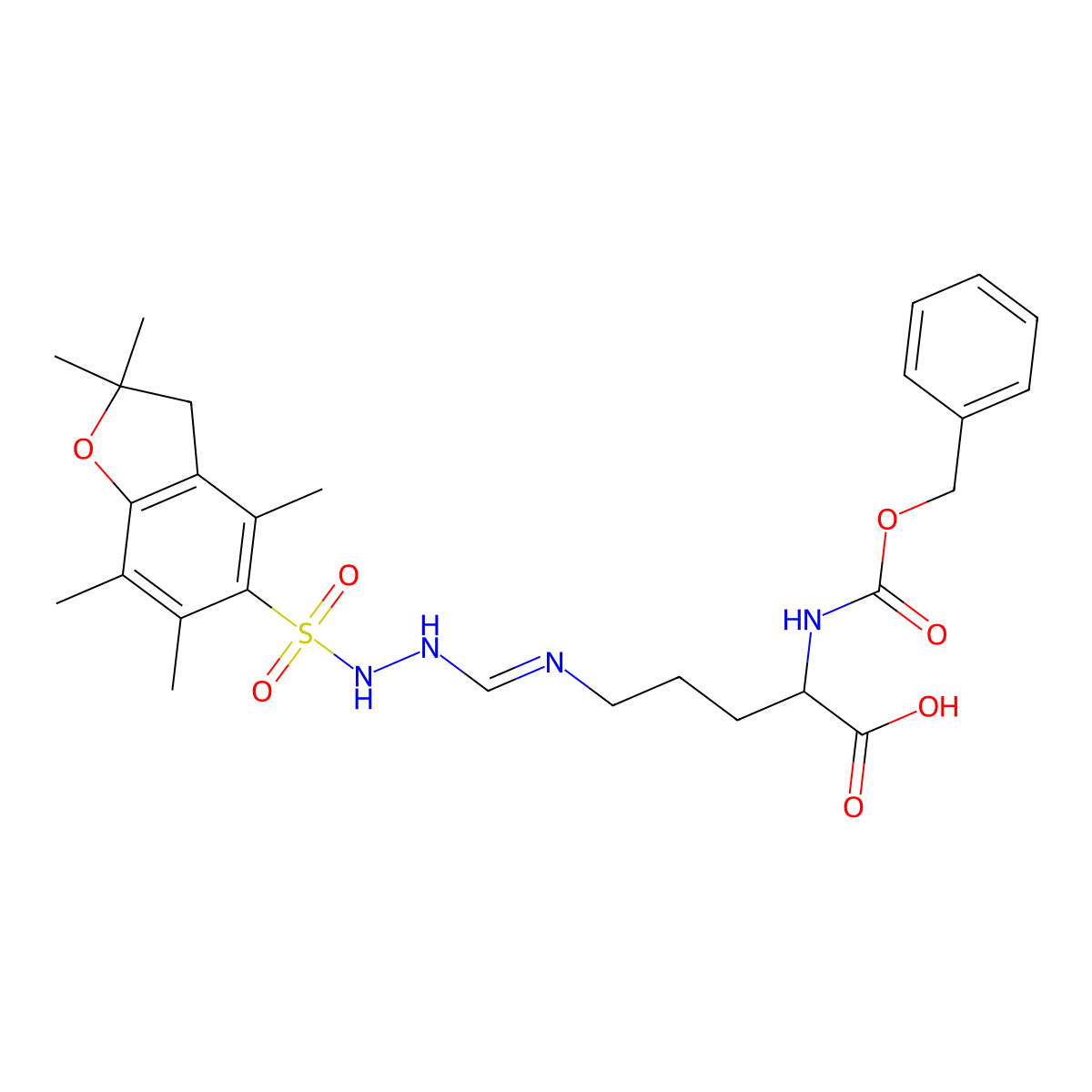 5-[[2-[(2,2,4,6,7-pentamethyl-3H-1-benzofuran-5-yl)sulfonyl]hydrazinyl]methylideneamino]-2-(phenylmethoxycarbonylamino)pentanoic acid molecular structure, CAS 154445-82-6