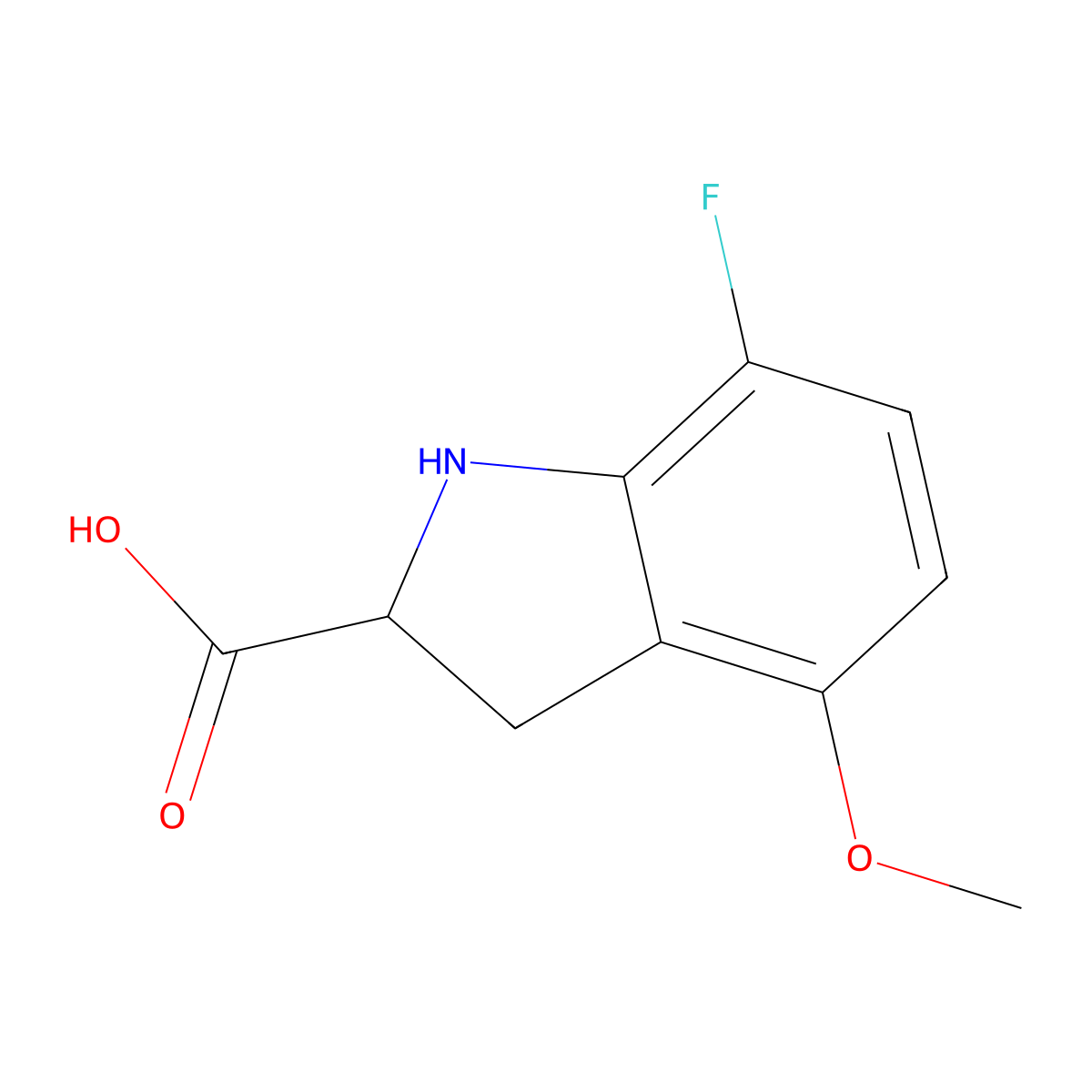 7-fluoro-4-methoxy-2,3-dihydro-1H-indole-2-carboxylic acid molecular structure, CAS 1544609-14-4