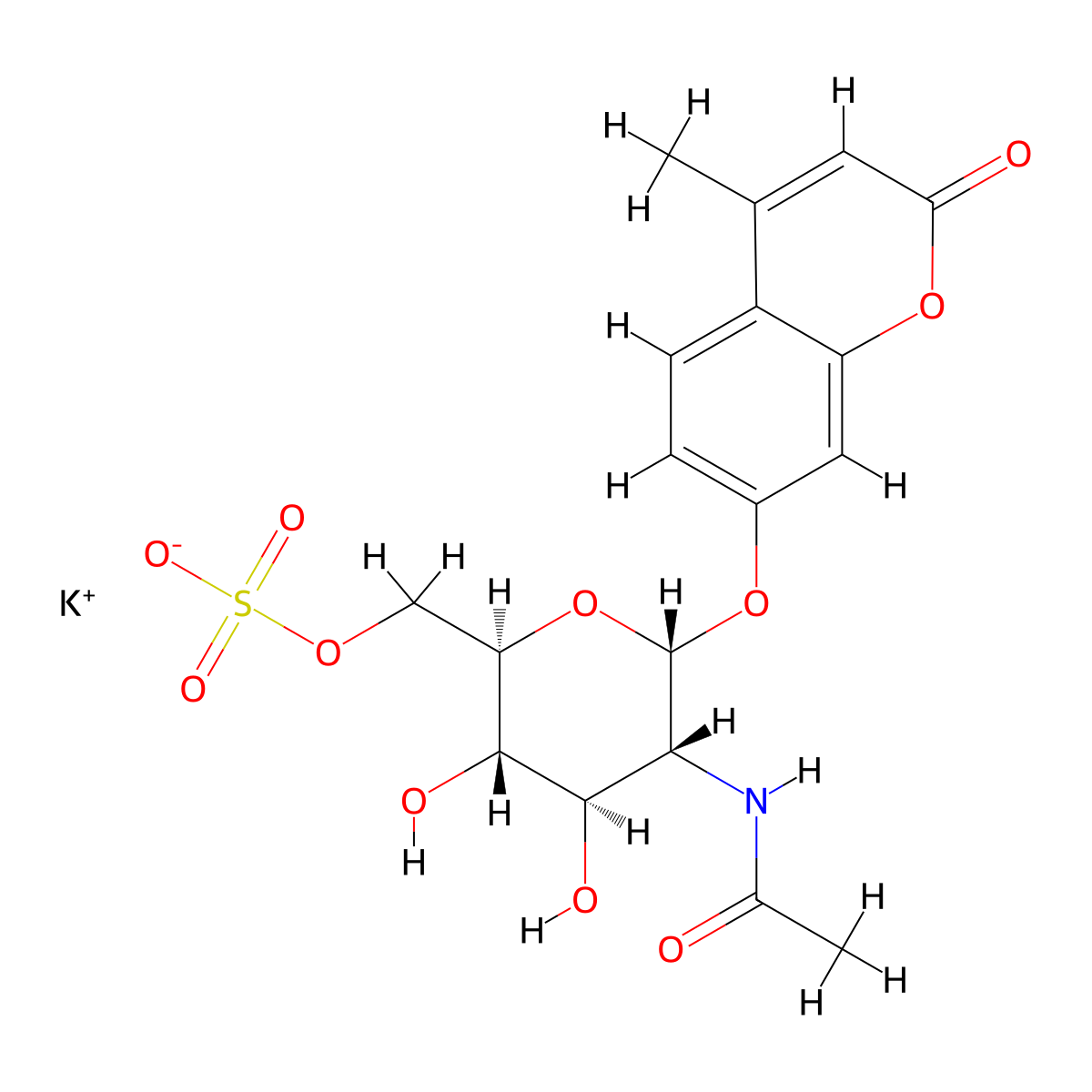 potassium;[(2R,3S,4R,5R,6R)-5-acetamido-3,4-dihydroxy-6-(4-methyl-2-oxochromen-7-yl)oxyoxan-2-yl]methyl sulfate molecular structure, CAS 154639-35-7