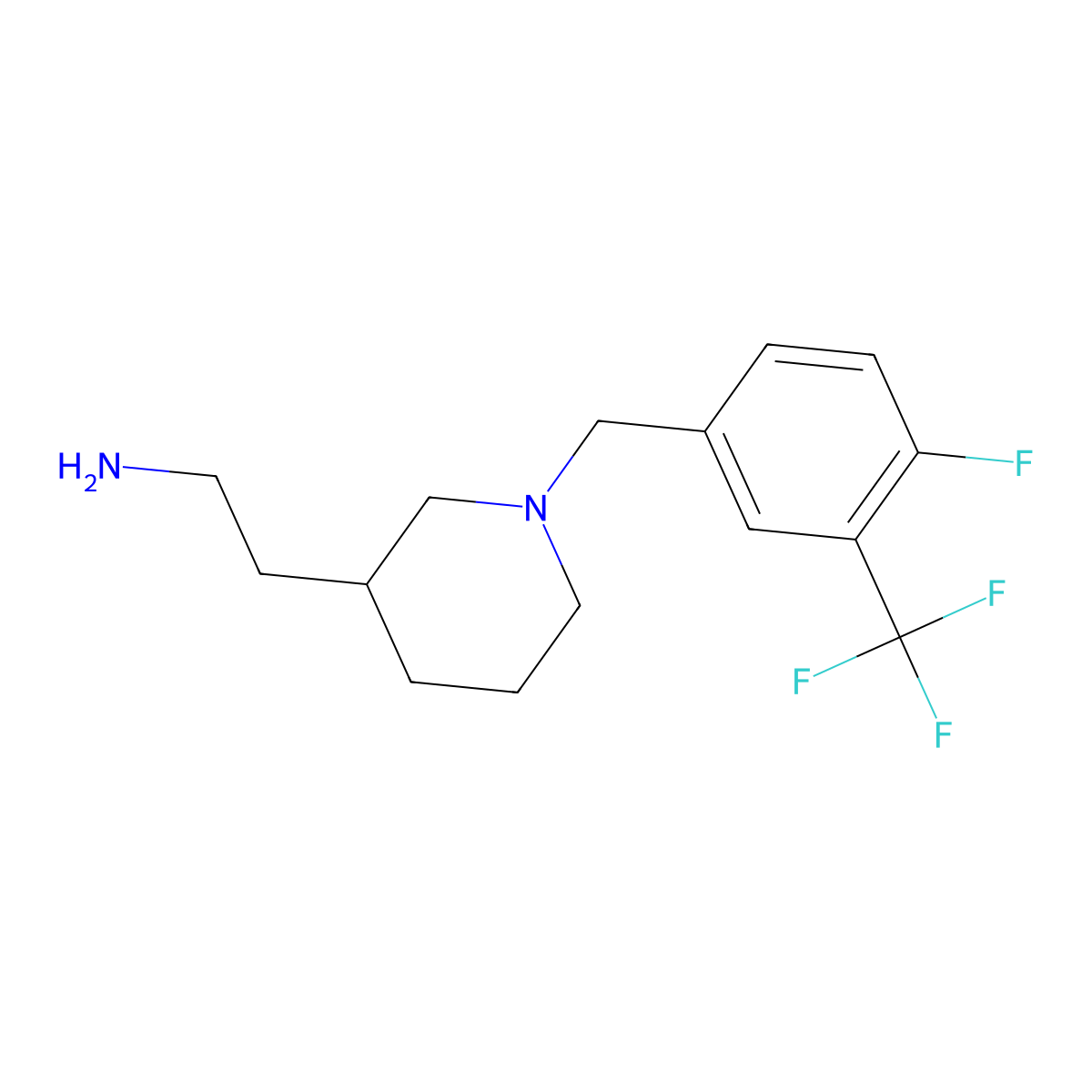 2-(1-{[4-Fluoro-3-(trifluoromethyl)phenyl]methyl}piperidin-3-yl)ethan-1-amine molecular structure, CAS 1546544-78-8