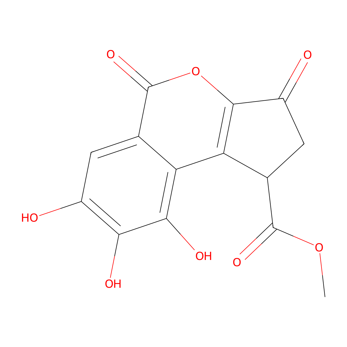 Cyclopenta(c)(2)benzopyran-1-carboxylic acid, 1,2,3,5-tetrahydro-7,8,9-trihydroxy-3,5-dioxo-, methyl ester molecular structure, CAS 154702-76-8