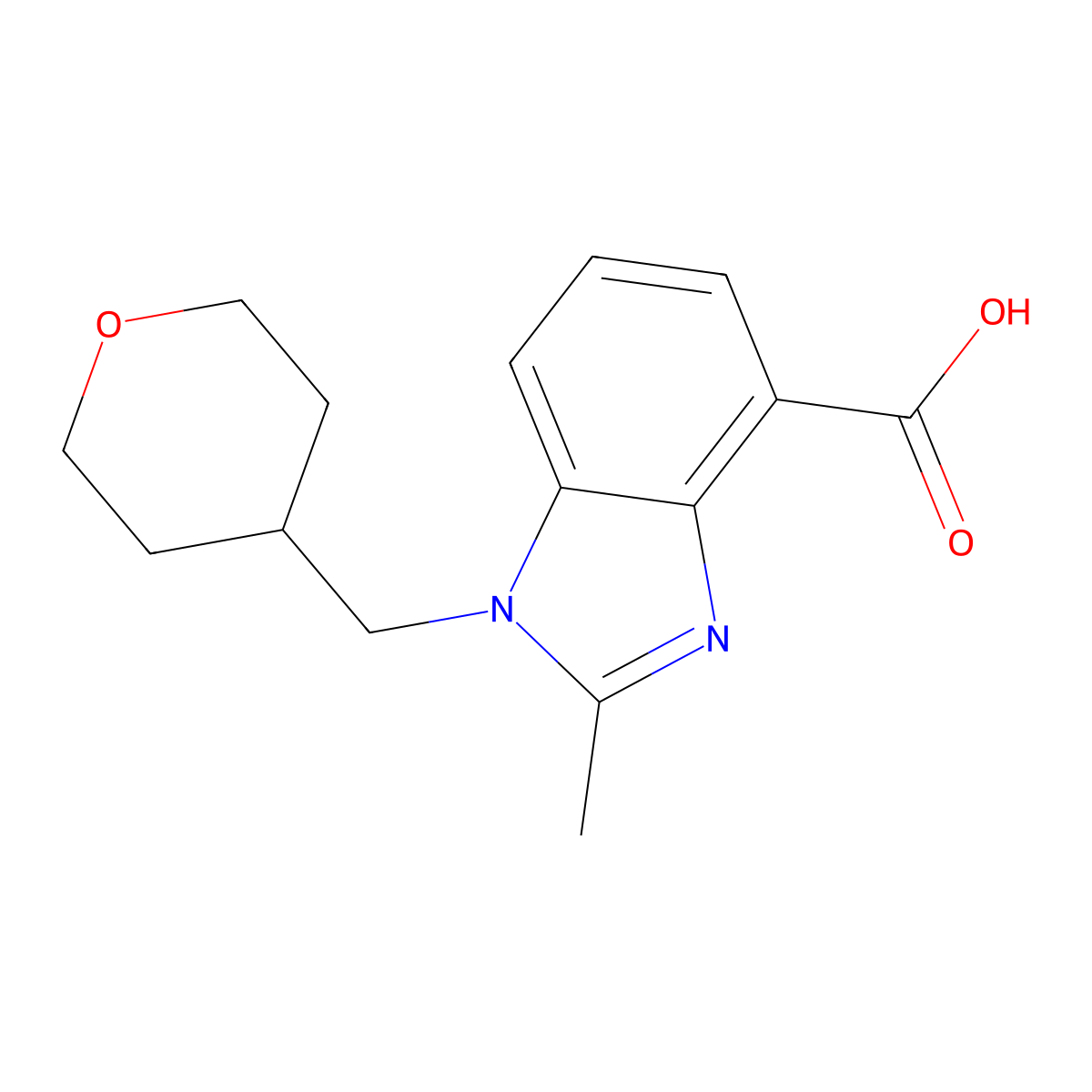 2-methyl-1-[(oxan-4-yl)methyl]-1H-1,3-benzodiazole-4-carboxylic acid molecular structure, CAS 1547188-15-7