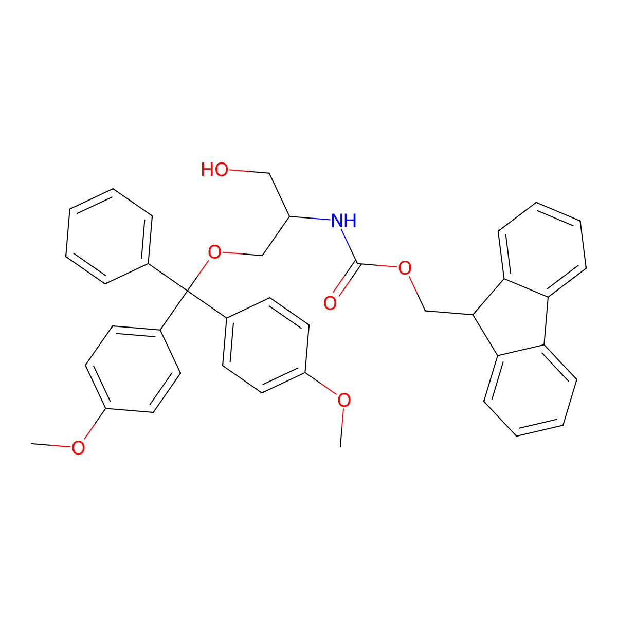 9H-fluoren-9-ylmethyl N-[1-[bis(4-methoxyphenyl)-phenylmethoxy]-3-hydroxypropan-2-yl]carbamate molecular structure, CAS 154928-39-9