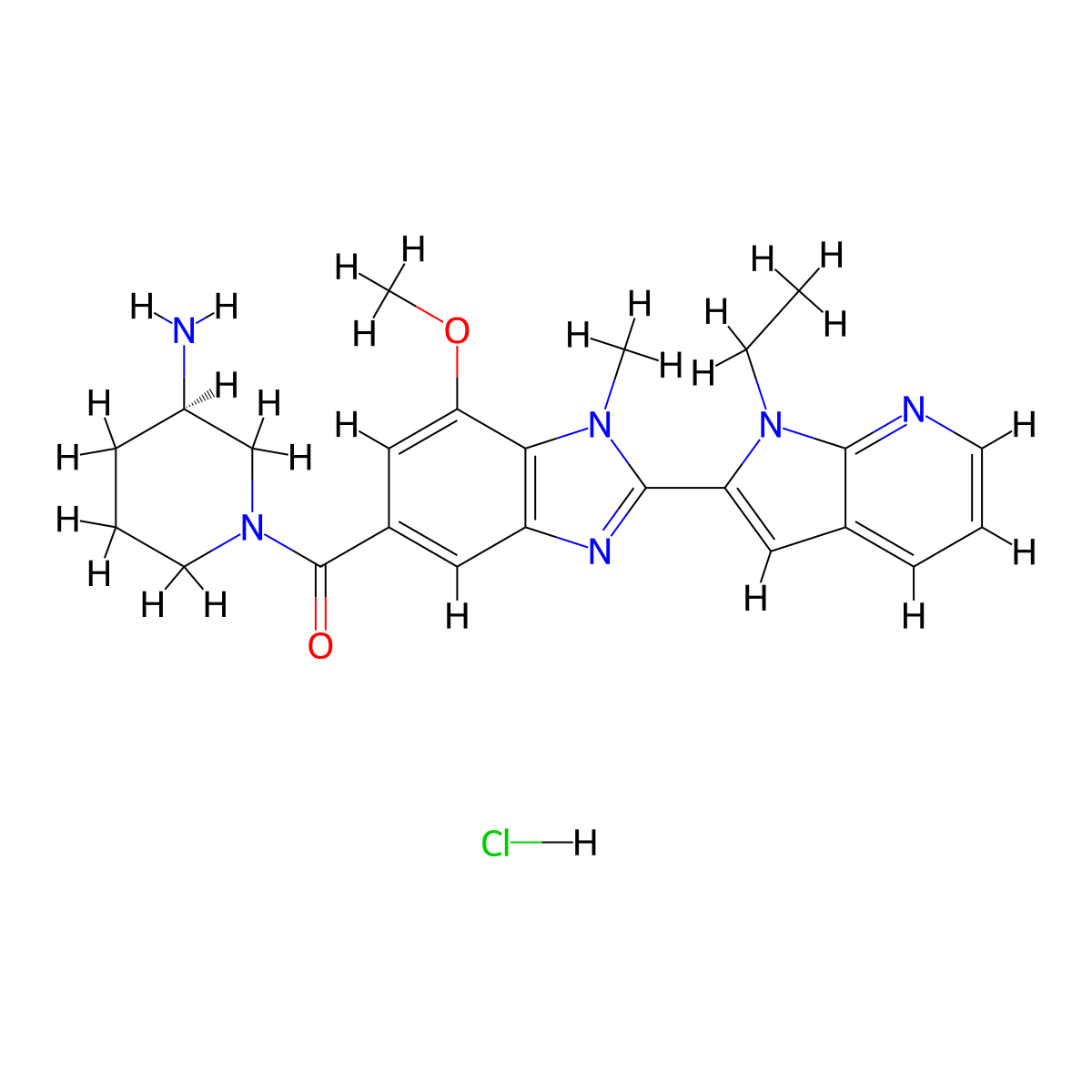 (R)-(3-Aminopiperidin-1-yl)(2-(1-ethyl-1H-pyrrolo[2,3-b]pyridin-2-yl)-7-methoxy-1-methyl-1H-benzo[d]imidazol-5-yl)methanone hydrochloride molecular structure, CAS 1549811-53-1