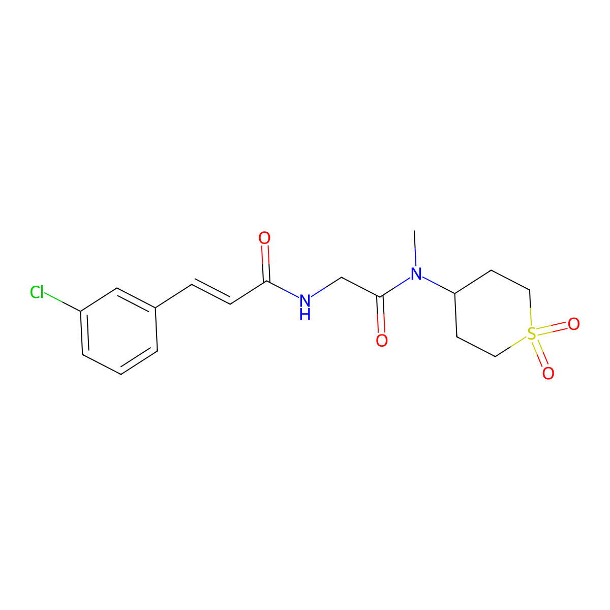 (E)-3-(3-chlorophenyl)-N-(2-((1,1-dioxidotetrahydro-2H-thiopyran-4-yl)(methyl)amino)-2-oxoethyl)acrylamide molecular structure, CAS 1550008-55-3