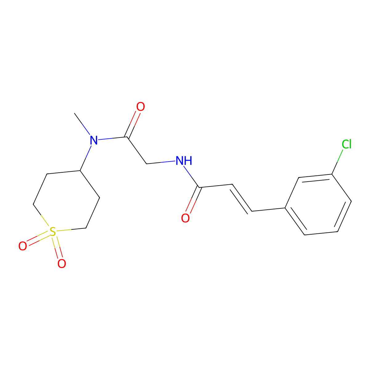 (E)-3-(3-chlorophenyl)-N-(2-((1,1-dioxidotetrahydro-2H-thiopyran-4-yl)(methyl)amino)-2-oxoethyl)acrylamide molecular structure, CAS 1550008-55-3