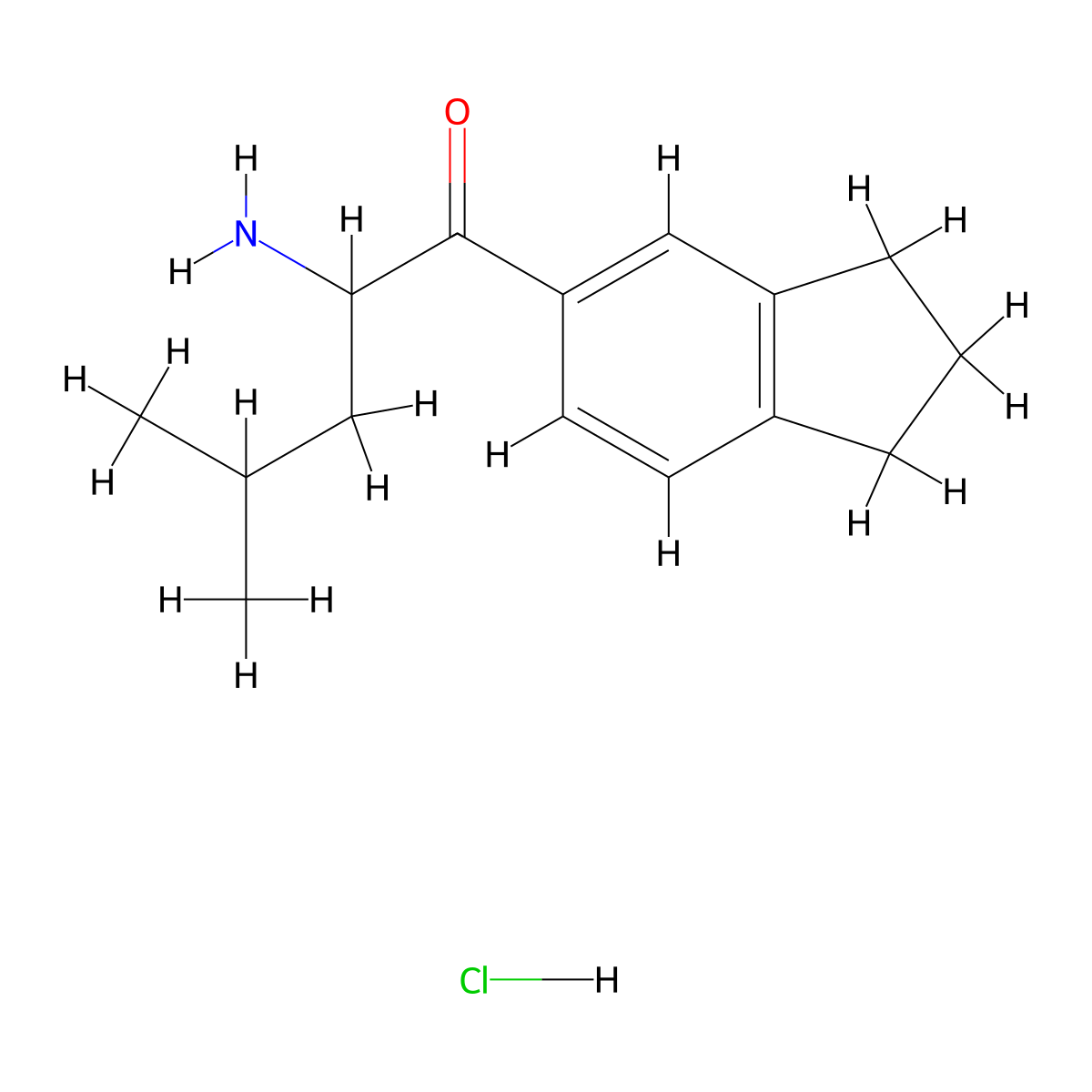 2-amino-1-(2,3-dihydro-1H-inden-5-yl)-4-methylpentan-1-one hydrochloride molecular structure, CAS 1551054-08-0