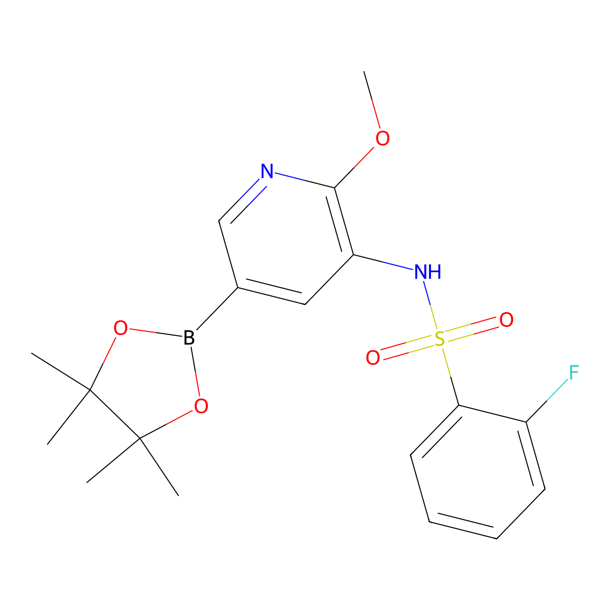 2-Fluoro-N-(2-methoxy-5-(4,4,5,5-tetramethyl-1,3,2-dioxaborolan-2-yl)pyridin-3-yl)benzenesulfonamide molecular structure, CAS 1551455-26-5