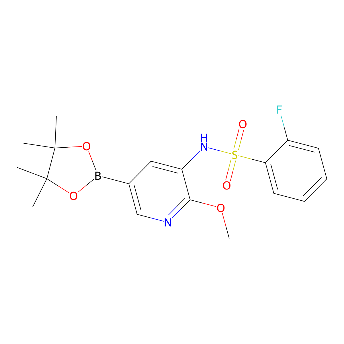 2-Fluoro-N-(2-methoxy-5-(4,4,5,5-tetramethyl-1,3,2-dioxaborolan-2-yl)pyridin-3-yl)benzenesulfonamide molecular structure, CAS 1551455-26-5