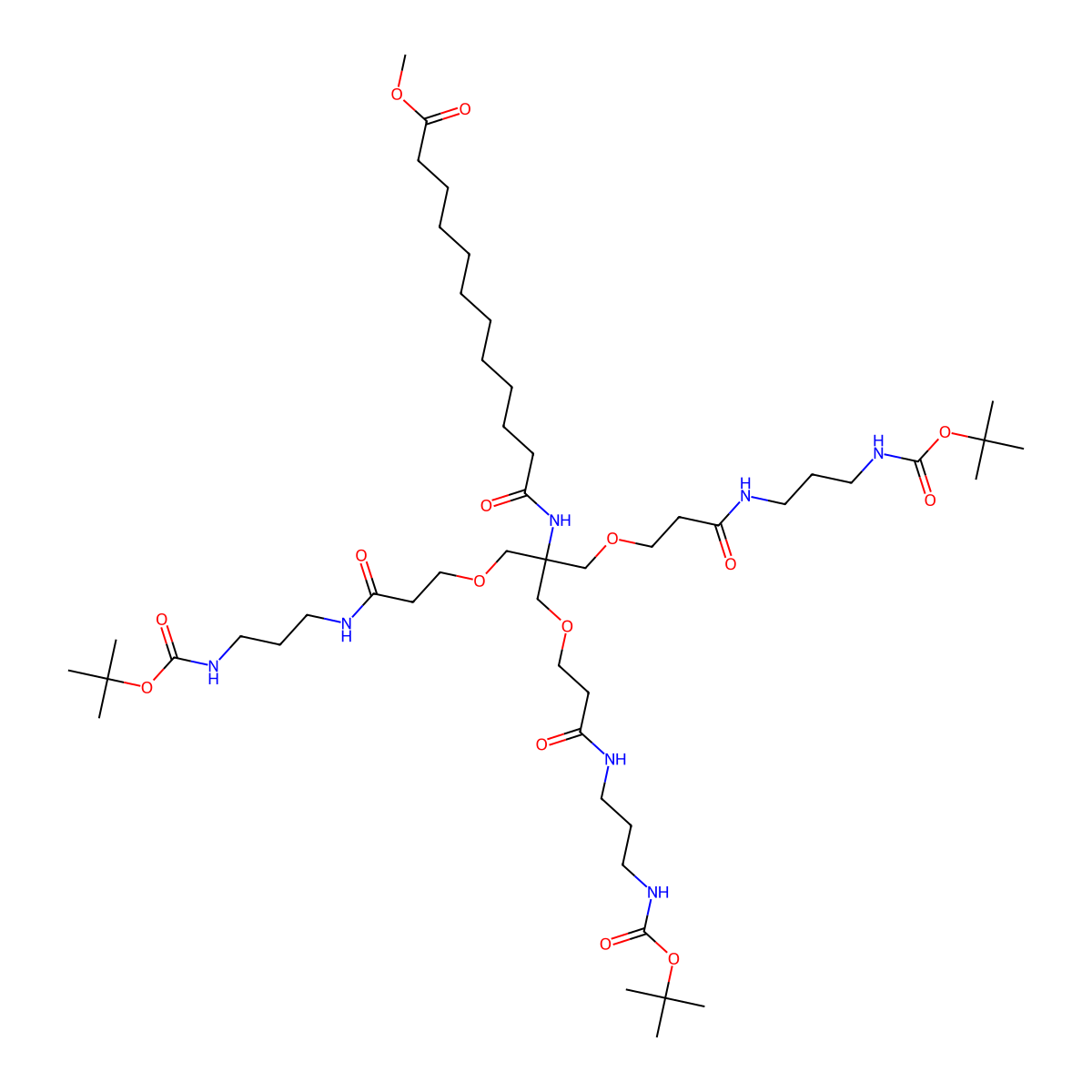 Methyl 11-[(1,3-bis(2-[(3-{[(tert-butoxy)carbonyl]amino}propyl)carbamoyl]ethoxy)-2-[(2-[(3-{[(tert-butoxy)carbonyl]amino}propyl)carbamoyl]ethoxy)methyl]propan-2-yl)carbamoyl]undecanoate molecular structure, CAS 1551527-38-8