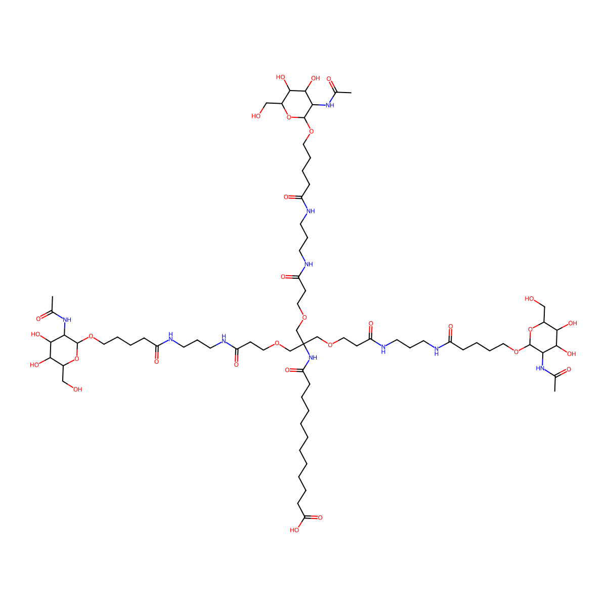 1-(((2R,3R,4R,5R,6R)-3-Acetamido-4,5-dihydroxy-6-(hydroxymethyl)tetrahydro-2H-pyran-2-yl)oxy)-16,16-bis((3-((3-(5-(((2R,3R,4R,5R,6R)-3-acetamido-4,5-dihydroxy-6-(hydroxymethyl)tetrahydro-2H-pyran-2-yl)oxy)pentanamido)propyl)amino)-3-oxopropoxy)methyl)-5,11,18-trioxo-14-oxa-6,10,17-triazanonacosan-29-oic acid molecular structure, CAS 1551528-06-3