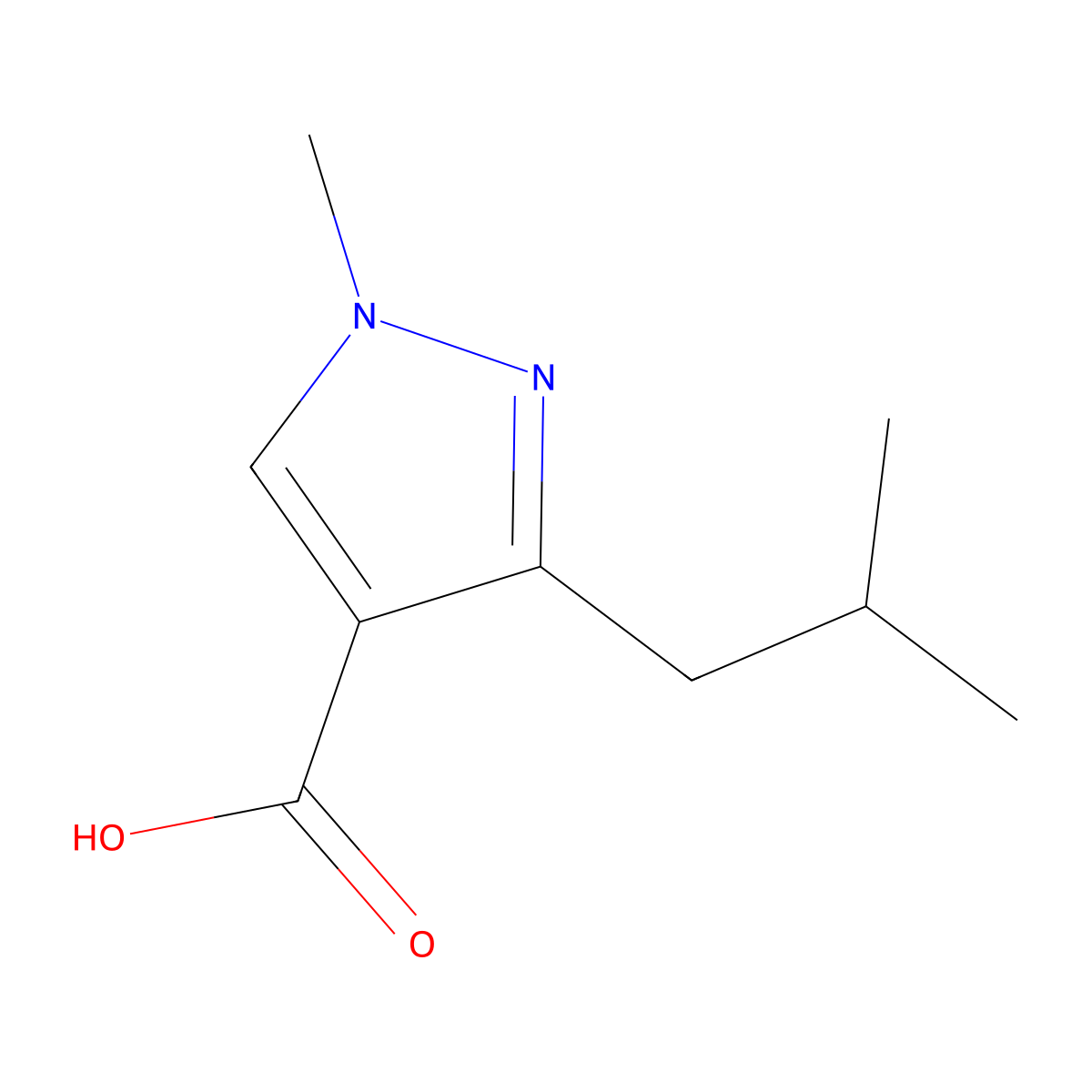 1-Methyl-3-(2-methylpropyl)-1H-pyrazole-4-carboxylic acid molecular structure, CAS 1552231-60-3