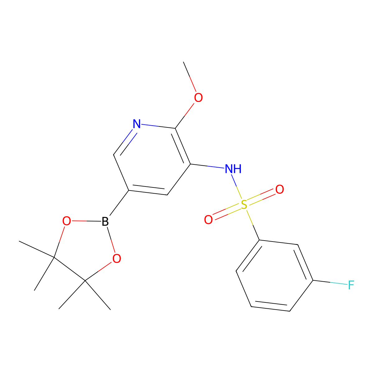 3-fluoro-N-[2-methoxy-5-(4,4,5,5-tetramethyl-1,3,2-dioxaborolan-2-yl)pyridin-3-yl]benzene-1-sulfonamide molecular structure, CAS 1552301-08-2