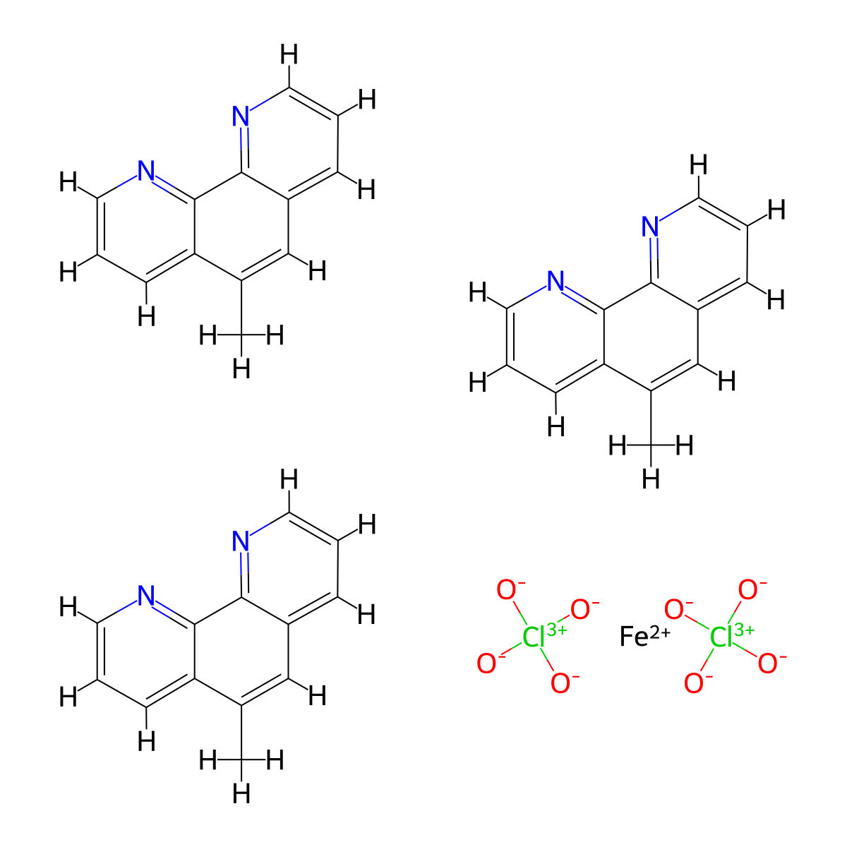 Iron(2+), tris(5-methyl-1,10-phenanthroline-kappaN1,kappaN10)-, perchlorate (1:2) molecular structure, CAS 15526-61-1