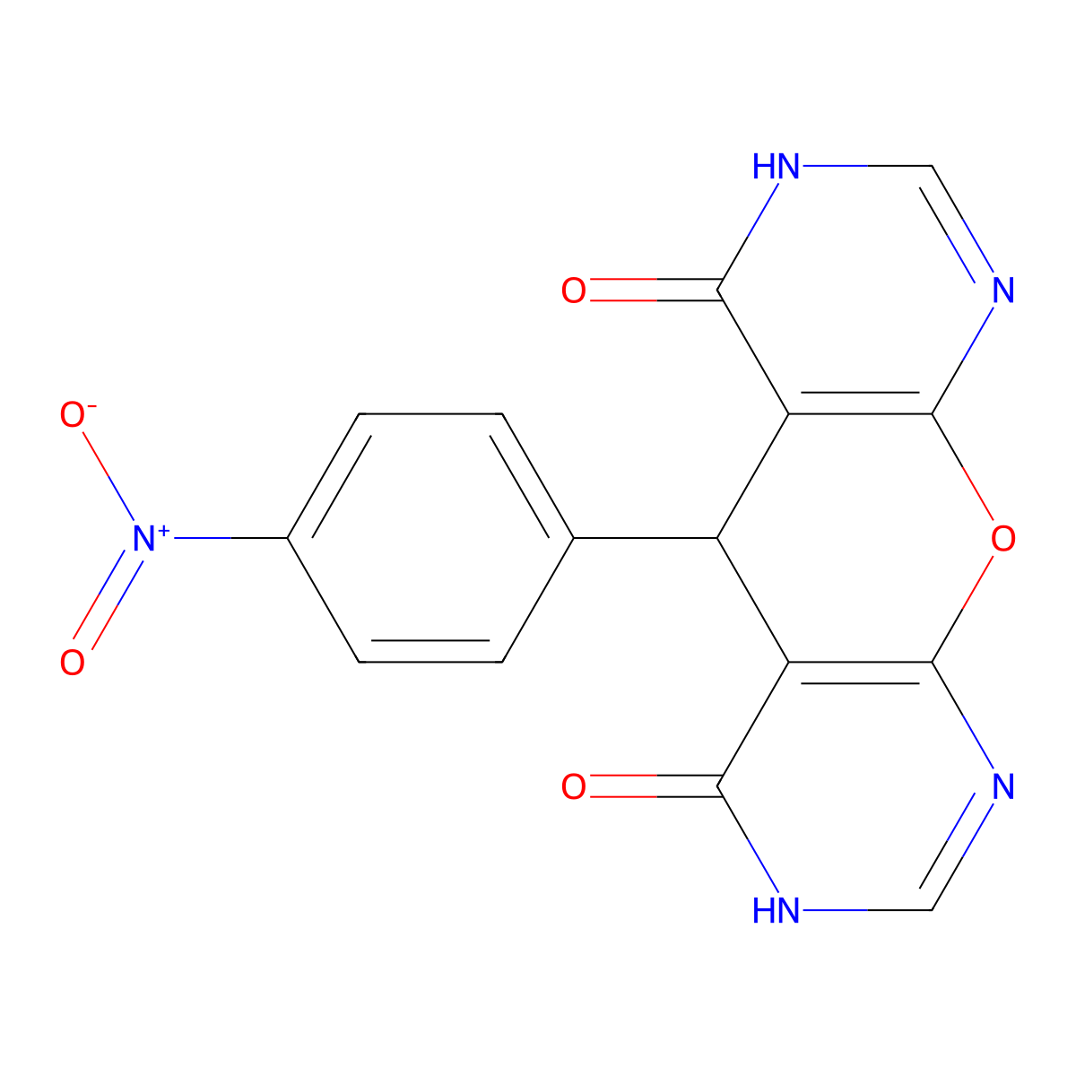 5-(4-nitrophenyl)-5H-pyrano[2,3-d:6,5-d']dipyrimidine-4,6-diol molecular structure, CAS 155376-05-9