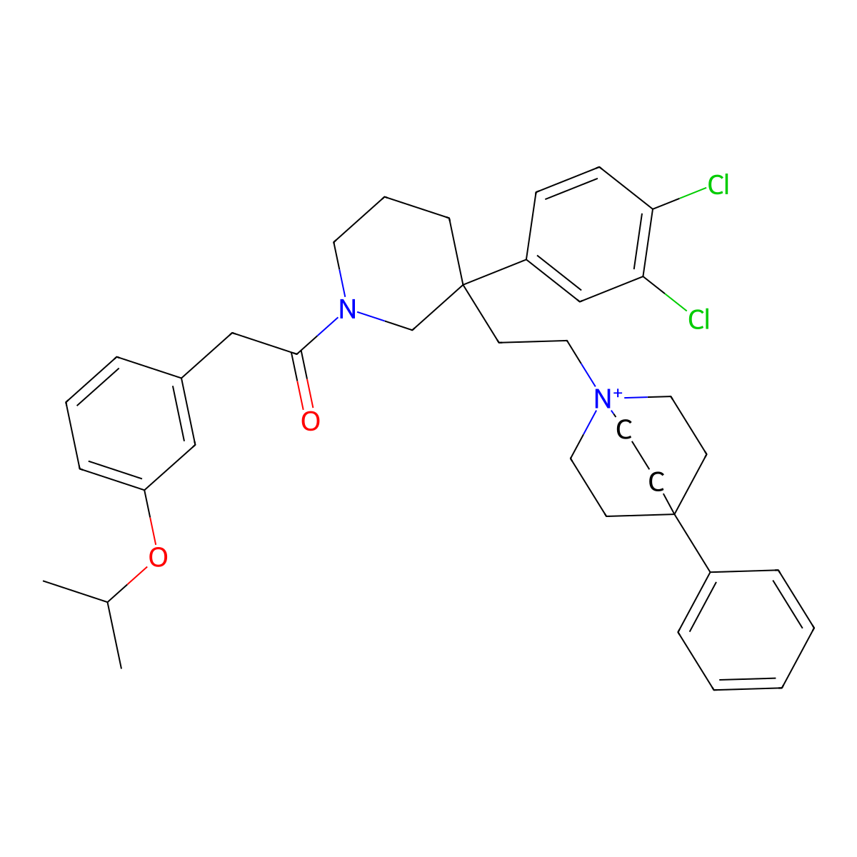 1-(2-((3S)-3-(3,4-Dichlorophenyl)-1-(2-(3-(1-methylethoxy)phenyl)acetyl)-3-piperidinyl)ethyl)-4-phenyl-1-azoniabicyclo(2.2.2)octane molecular structure, CAS 155418-05-6