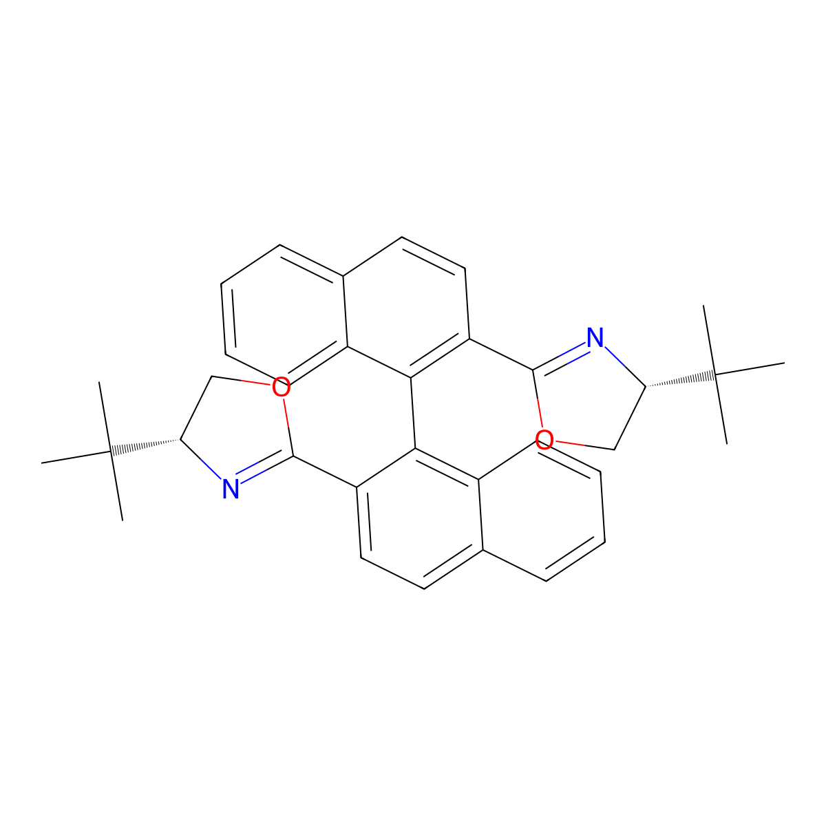 (S)-2,2'-Bis((R)-4-(tert-butyl)-4,5-dihydrooxazol-2-yl)-1,1'-binaphthalene molecular structure, CAS 155418-83-0