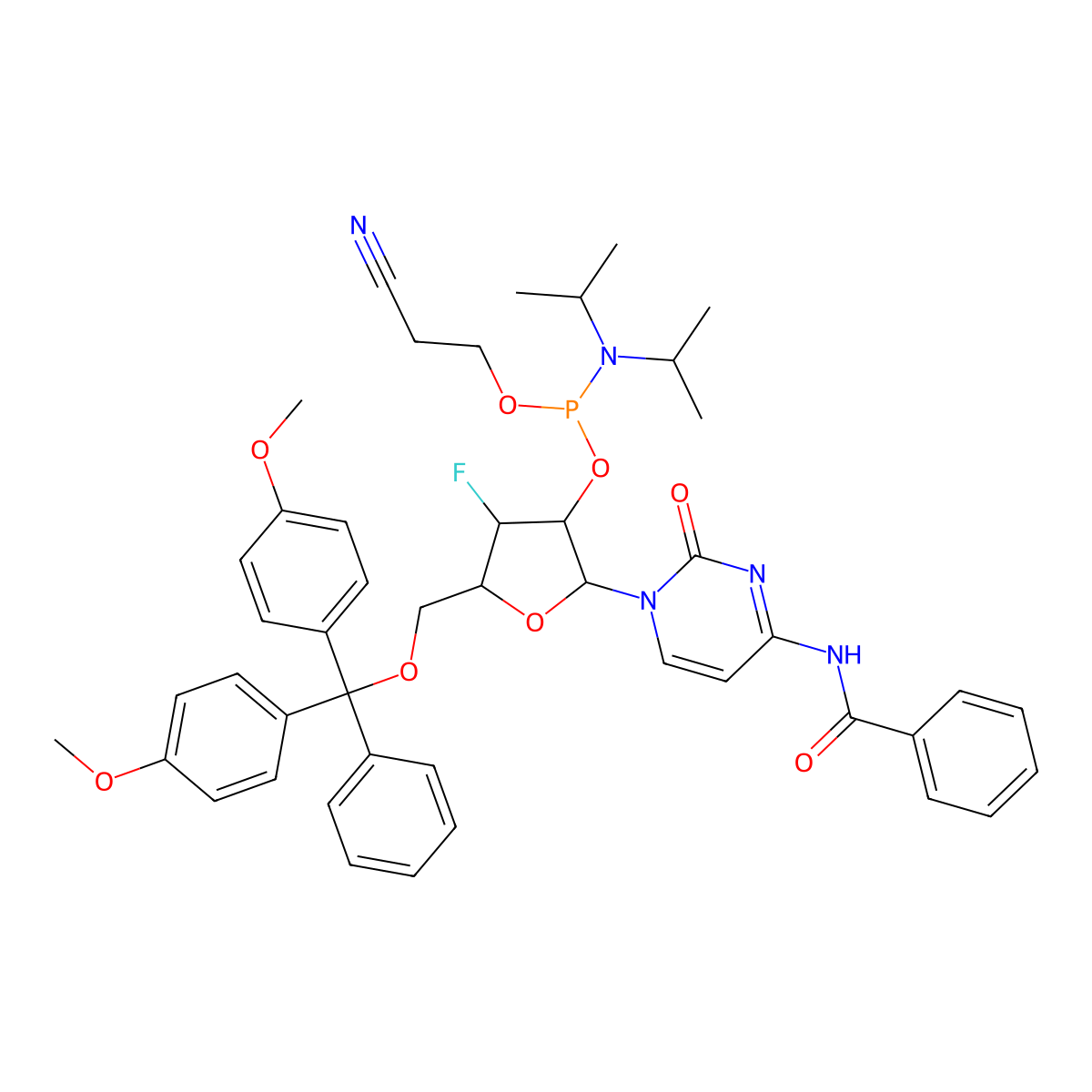N4-Benzoyl-5'-O-(4,4'-dimethoxytrityl)-3'-deoxy-3'-fluoro-beta-D-xylofuranosyl cytidine-2'-CED-phosphoramidite molecular structure, CAS 1555759-30-2