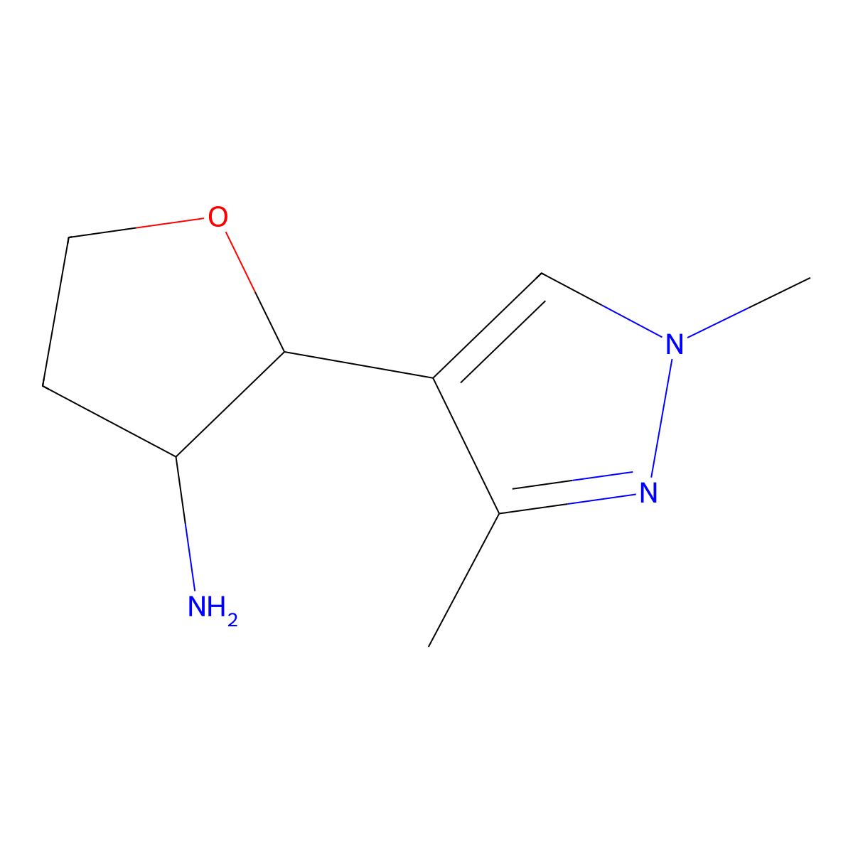 2-(1,3-dimethyl-1H-pyrazol-4-yl)oxolan-3-amine molecular structure, CAS 1556676-40-4