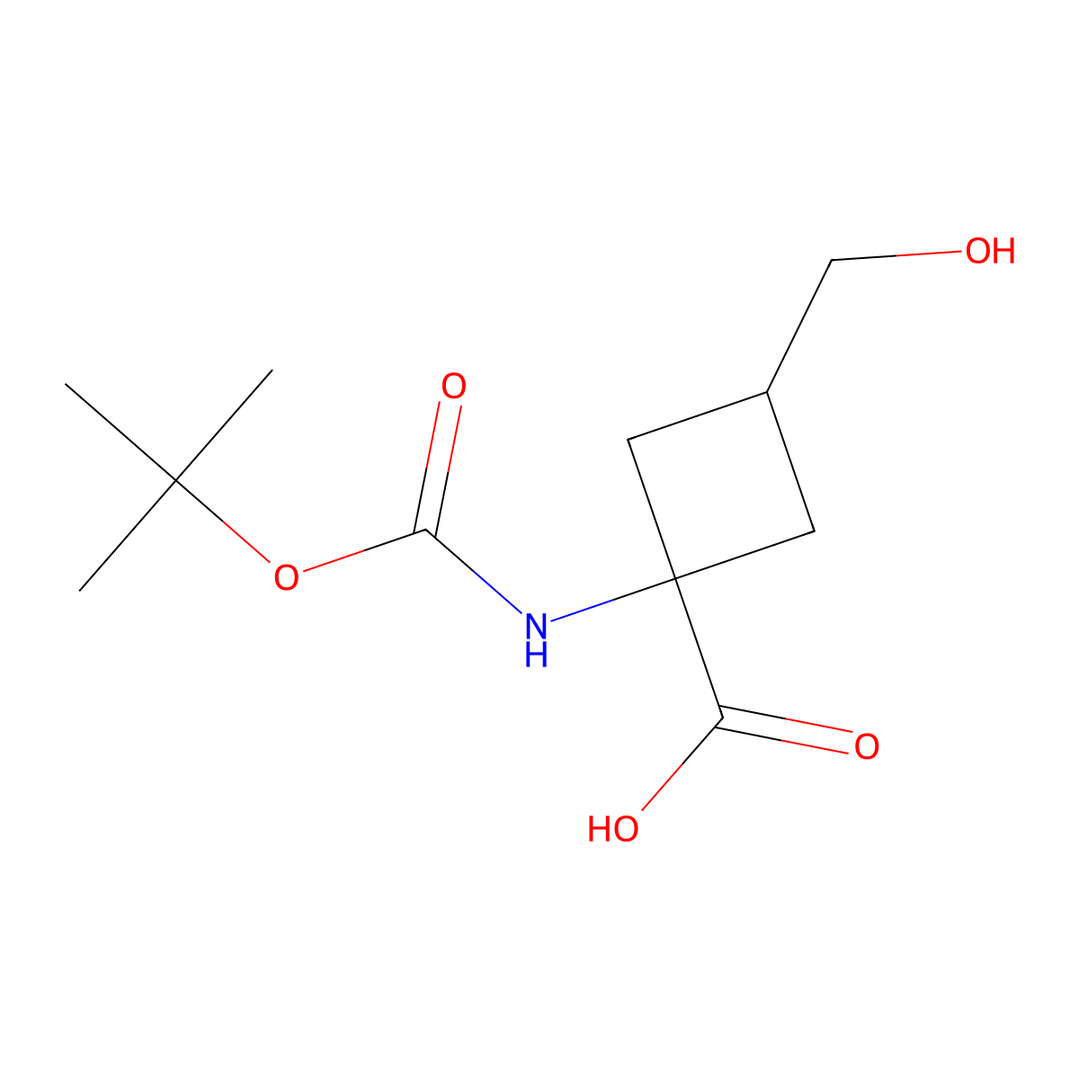 1-{[(tert-Butoxy)carbonyl]amino}-3-(hydroxymethyl)cyclobutane-1-carboxylic acid molecular structure, CAS 1557194-38-3