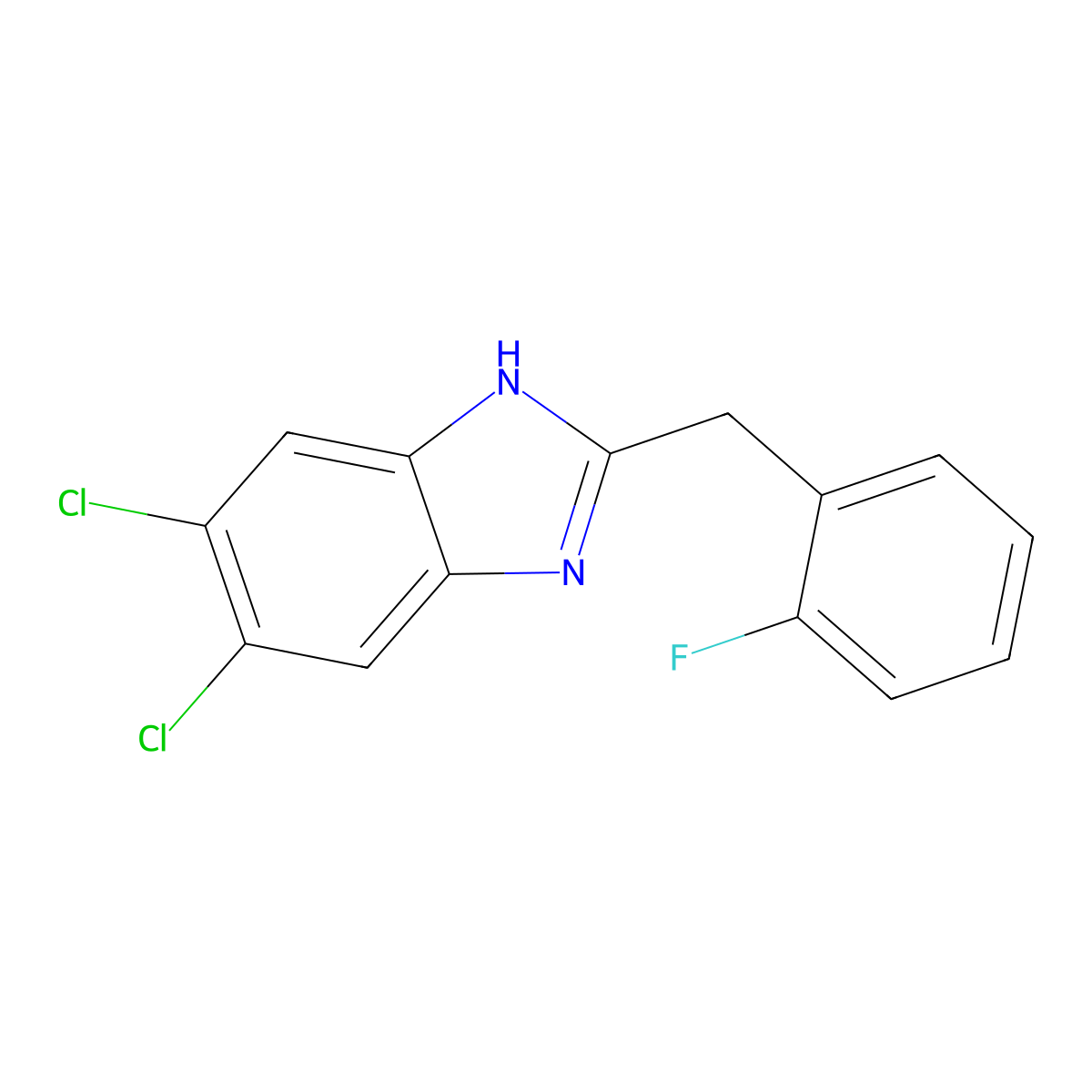 5,6-dichloro-2-((2-fluorophenyl)methyl)-1H-1,3-benzodiazole molecular structure, CAS 1557360-51-6