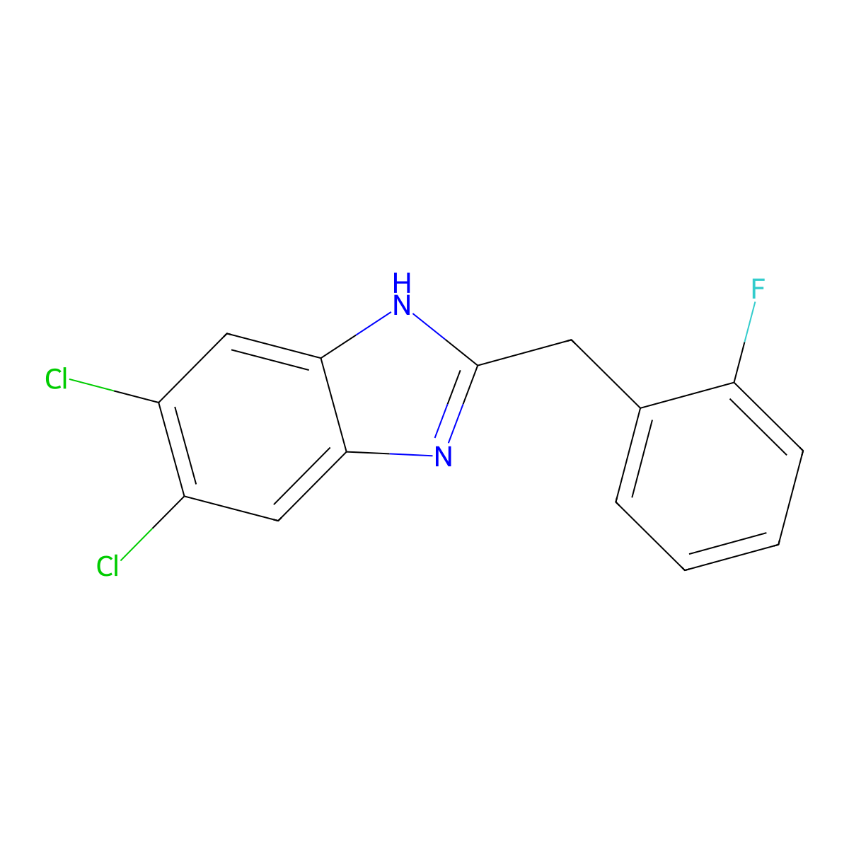 5,6-dichloro-2-((2-fluorophenyl)methyl)-1H-1,3-benzodiazole molecular structure, CAS 1557360-51-6