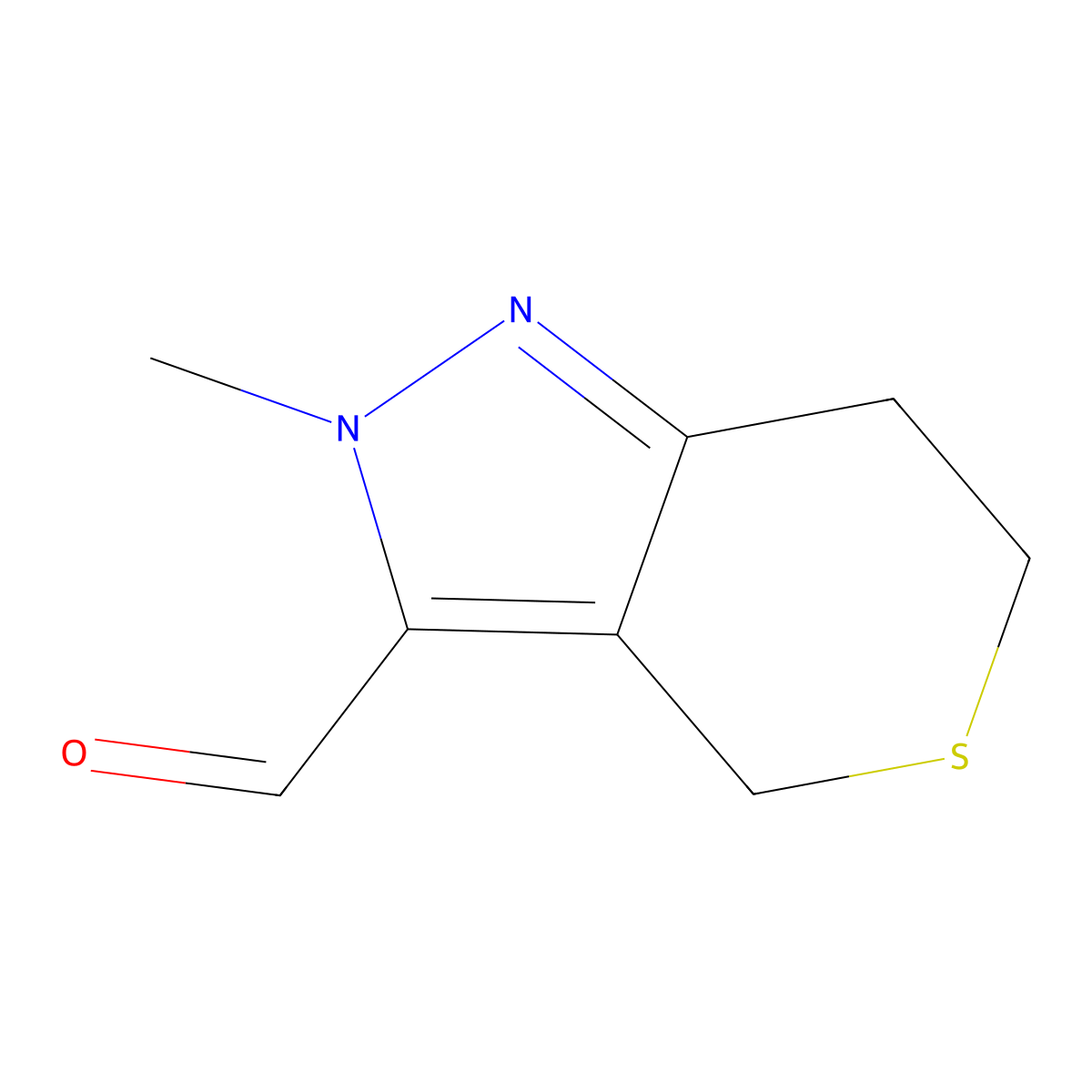 2-methyl-2H,4H,6H,7H-thiopyrano[4,3-c]pyrazole-3-carbaldehyde molecular structure, CAS 1557482-13-9
