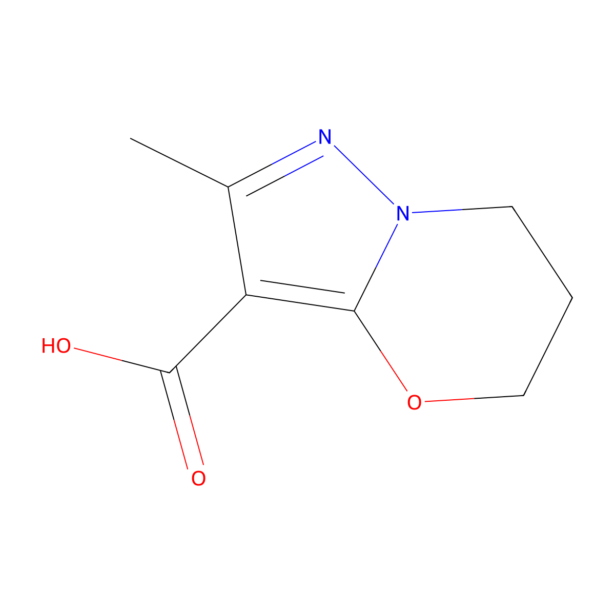2-methyl-5H,6H,7H-pyrazolo(3,2-b)(1,3)oxazine-3-carboxylic acid molecular structure, CAS 1557851-24-7