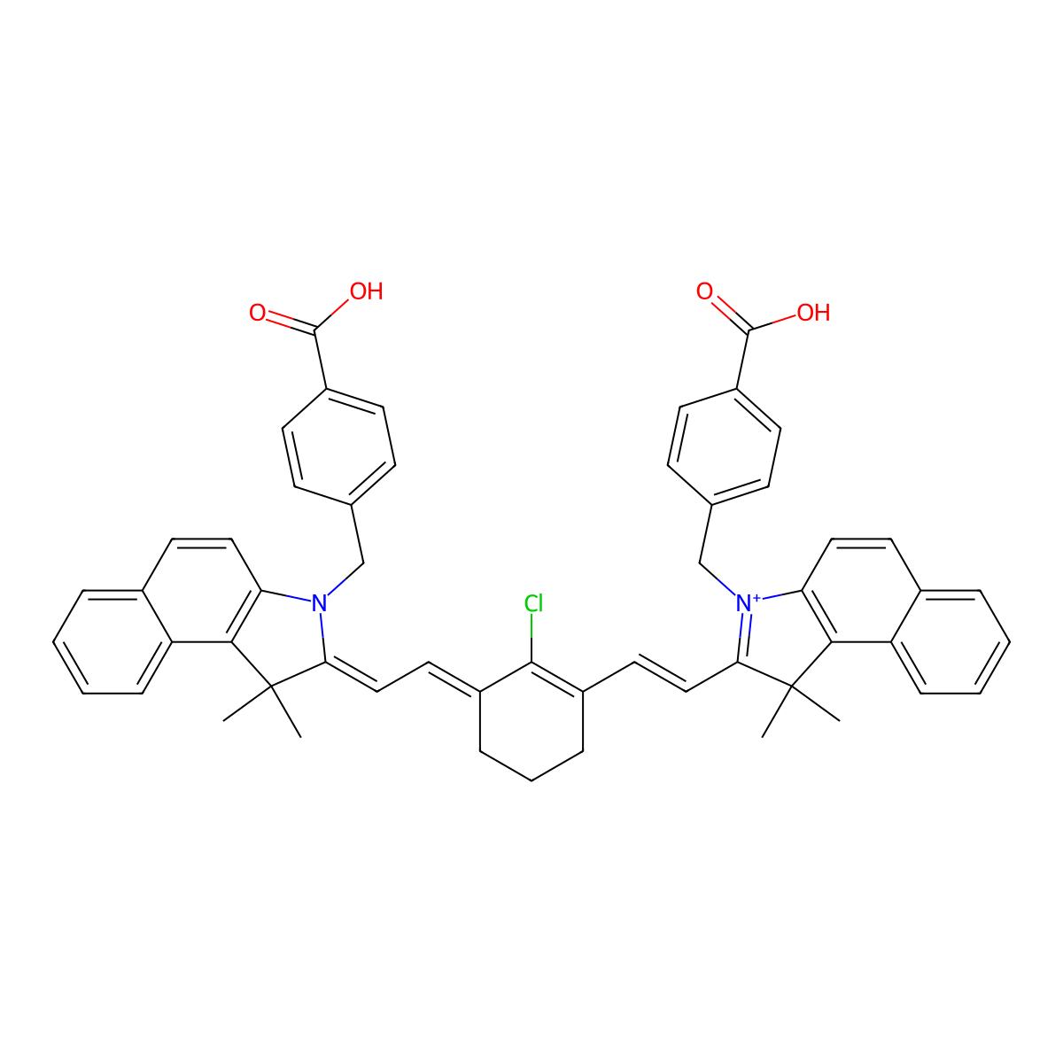 4-[[(2E)-2-[(2E)-2-[3-[(E)-2-[3-[(4-carboxyphenyl)methyl]-1,1-dimethylbenzo[e]indol-3-ium-2-yl]ethenyl]-2-chlorocyclohex-2-en-1-ylidene]ethylidene]-1,1-dimethylbenzo[e]indol-3-yl]methyl]benzoic acid molecular structure, CAS 1558079-49-4
